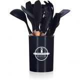 Kit 12 Utensílios De Cozinha Em Silicone Cabo Madeira Conjunto Jogo Completo - Preto