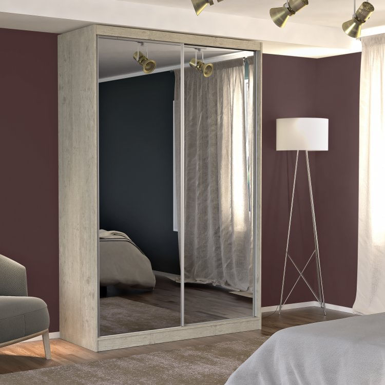 Guarda Roupa Solteiro com Espelho 2 Portas de Correr 2 Gavetas MDF MM771E2 Espresso Móveis Marfim Areia