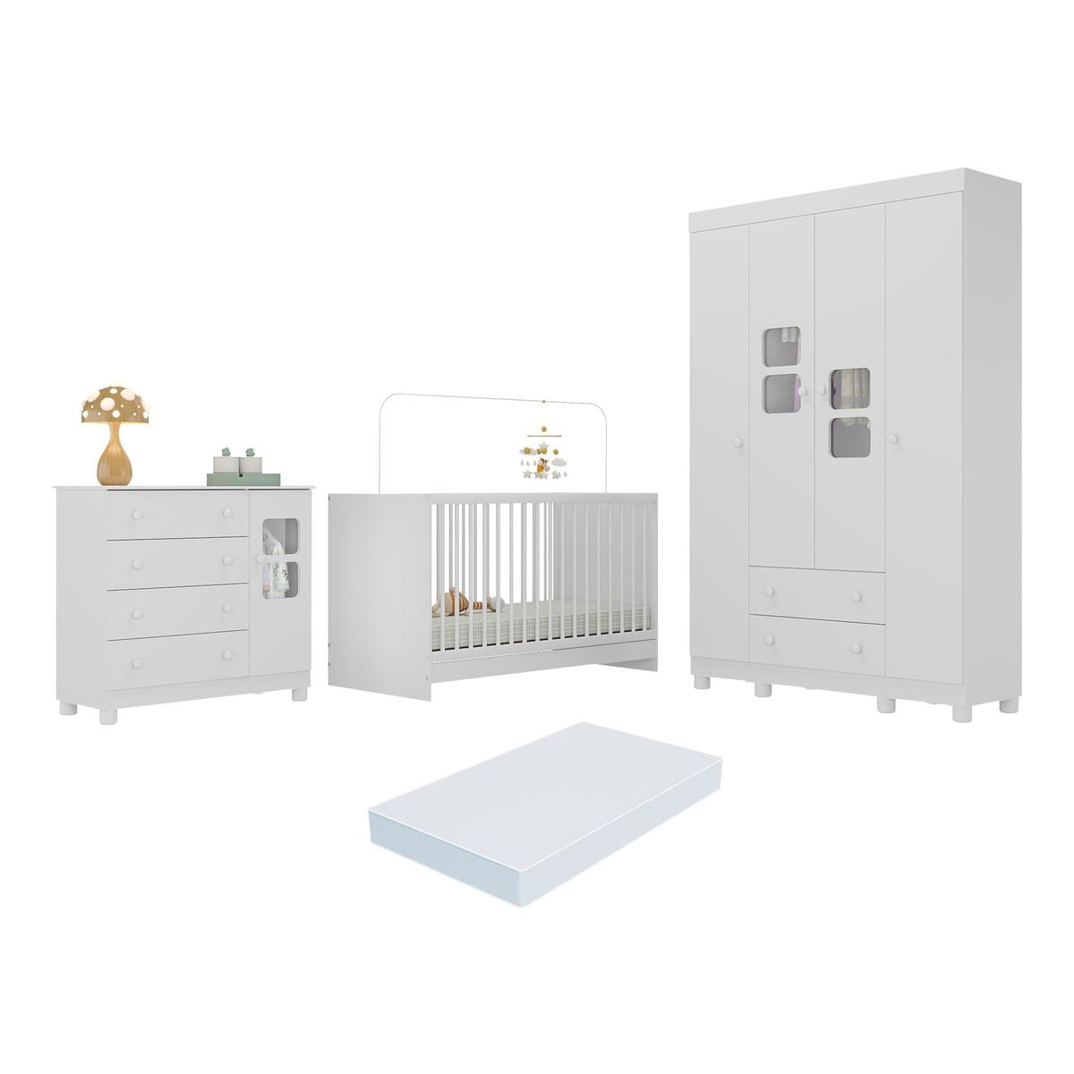 Quarto De Bebê Completo Com Berço 3 Em 1 Com Colchão Incluso Sol Multimóveis Mp4534 Branco