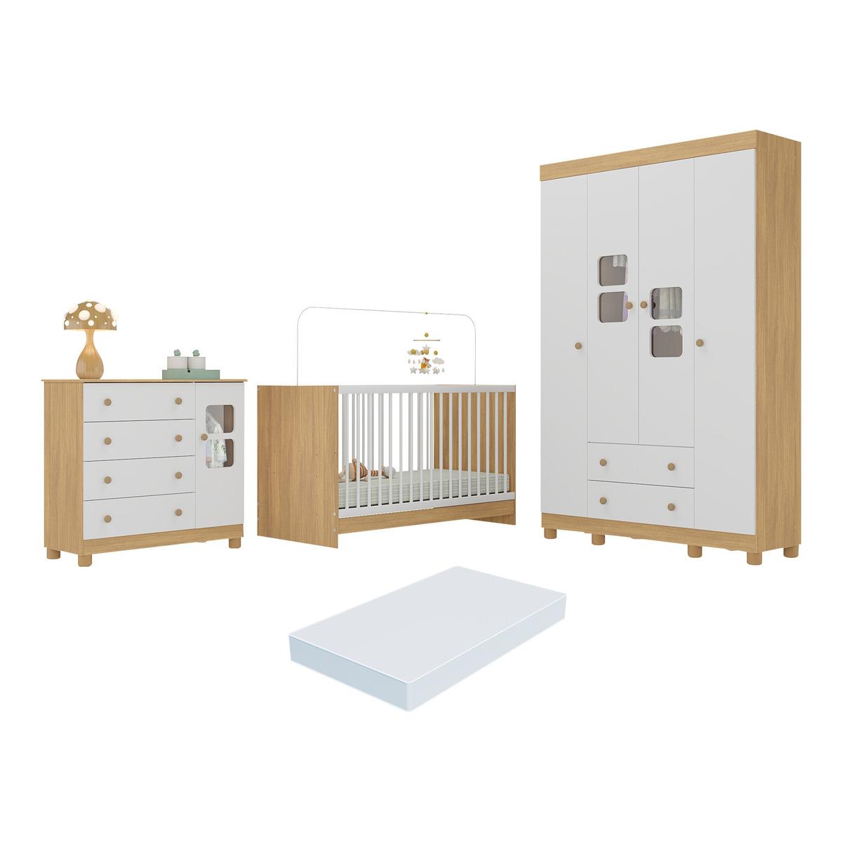 Quarto De Bebê Completo Com Berço 3 Em 1 Com Colchão Incluso Sol Multimóveis Mp4534 Madeirado/branco
