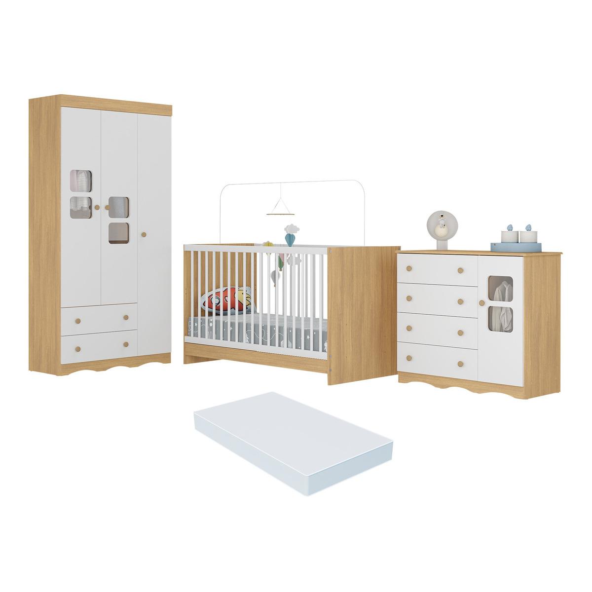 Quarto De Bebê Completo Com Berço 3 Em 1 Com Colchão Incluso Serena Multimóveis Mp4543 Madeirado/branco