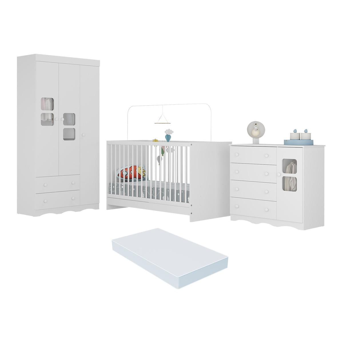 Quarto De Bebê Completo Com Berço 3 Em 1 Com Colchão Incluso Serena Multimóveis Mp4543 Branco