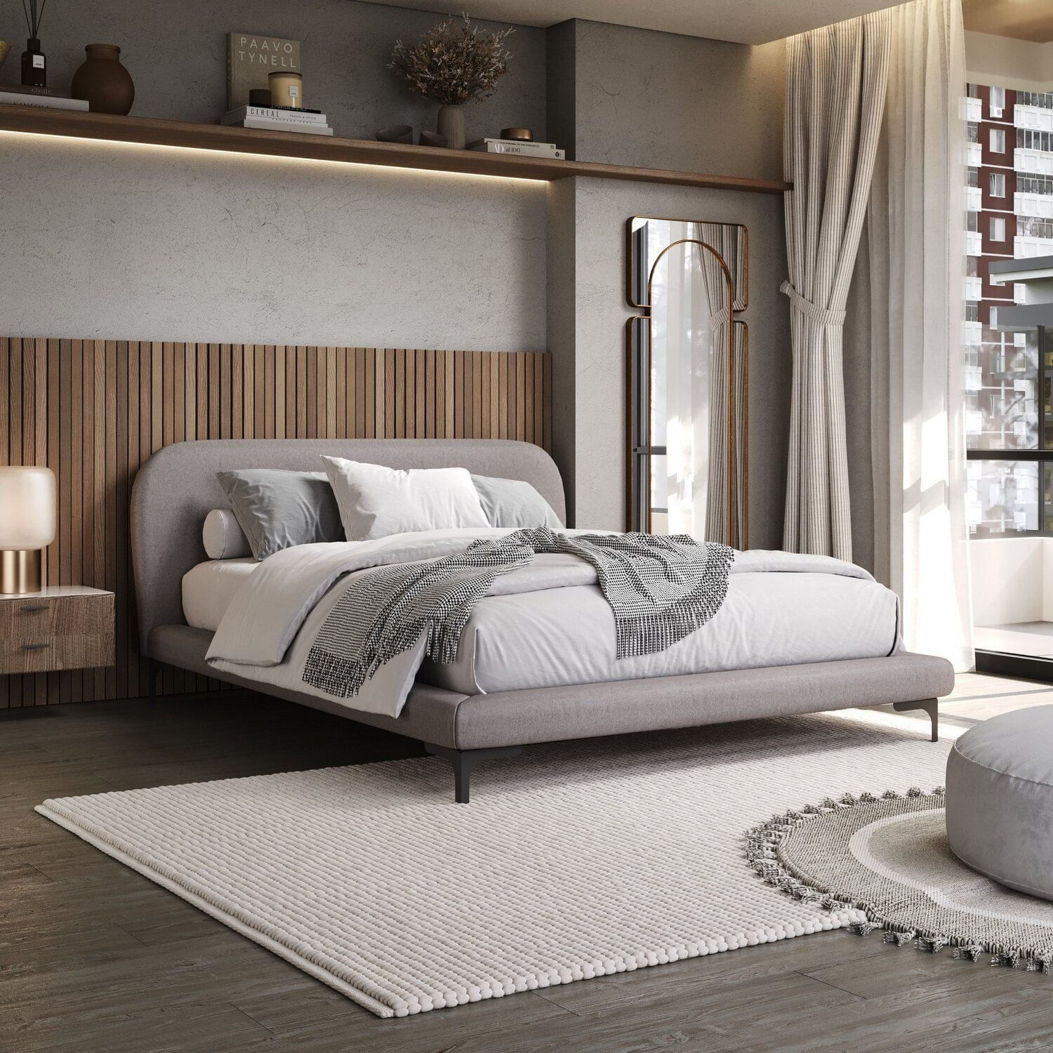 Cama Queen Com Cabeseira Estofada Sun Cinza