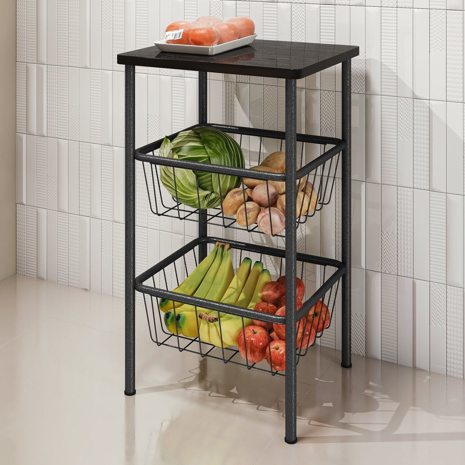 Fruteira 2 Cestos Base Em Aço Daniela Prata/preto