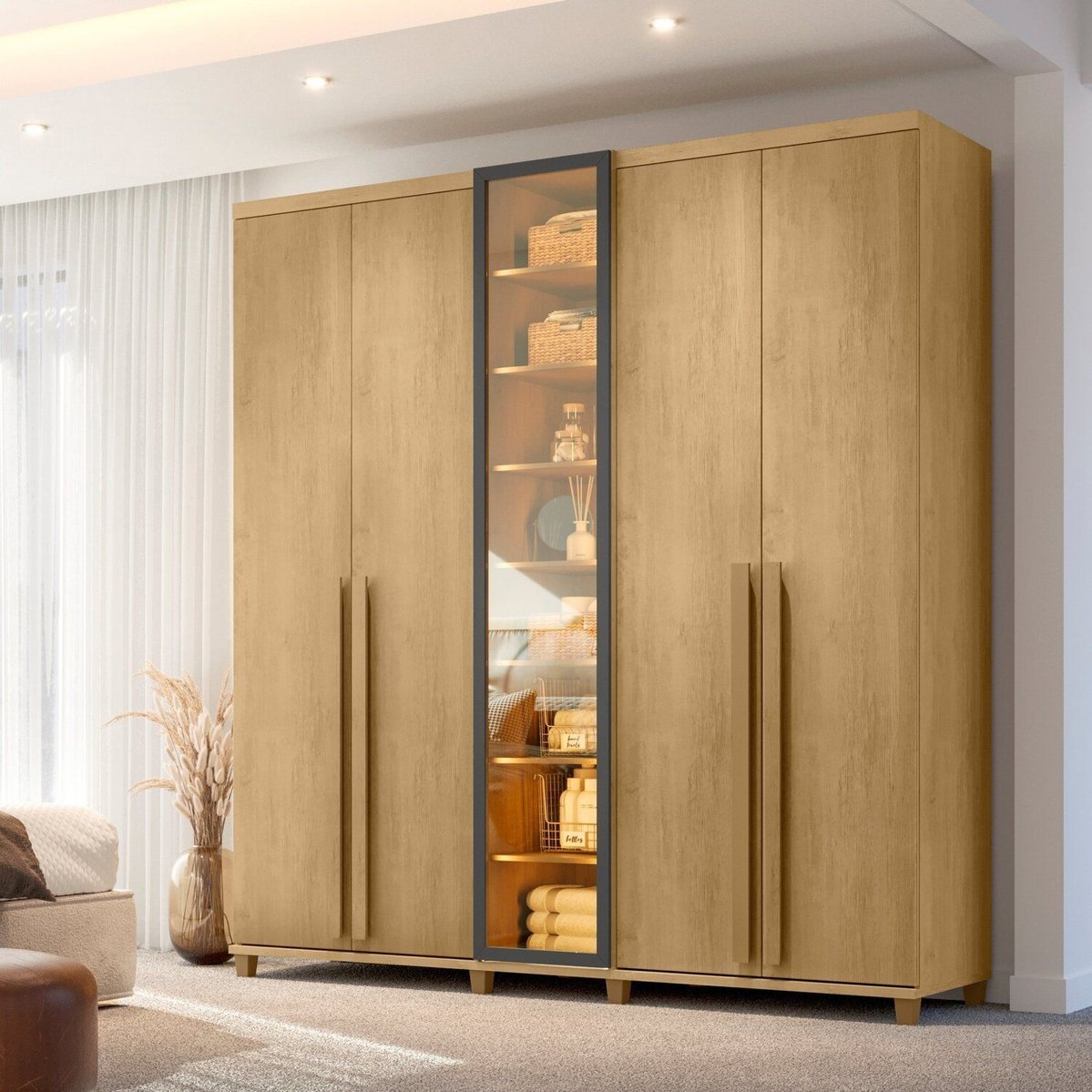 Guarda-roupa Casal Com 6 Portas 3 Gavetas Led E Porta Com Vidro Reflecta Austria Cinamomo