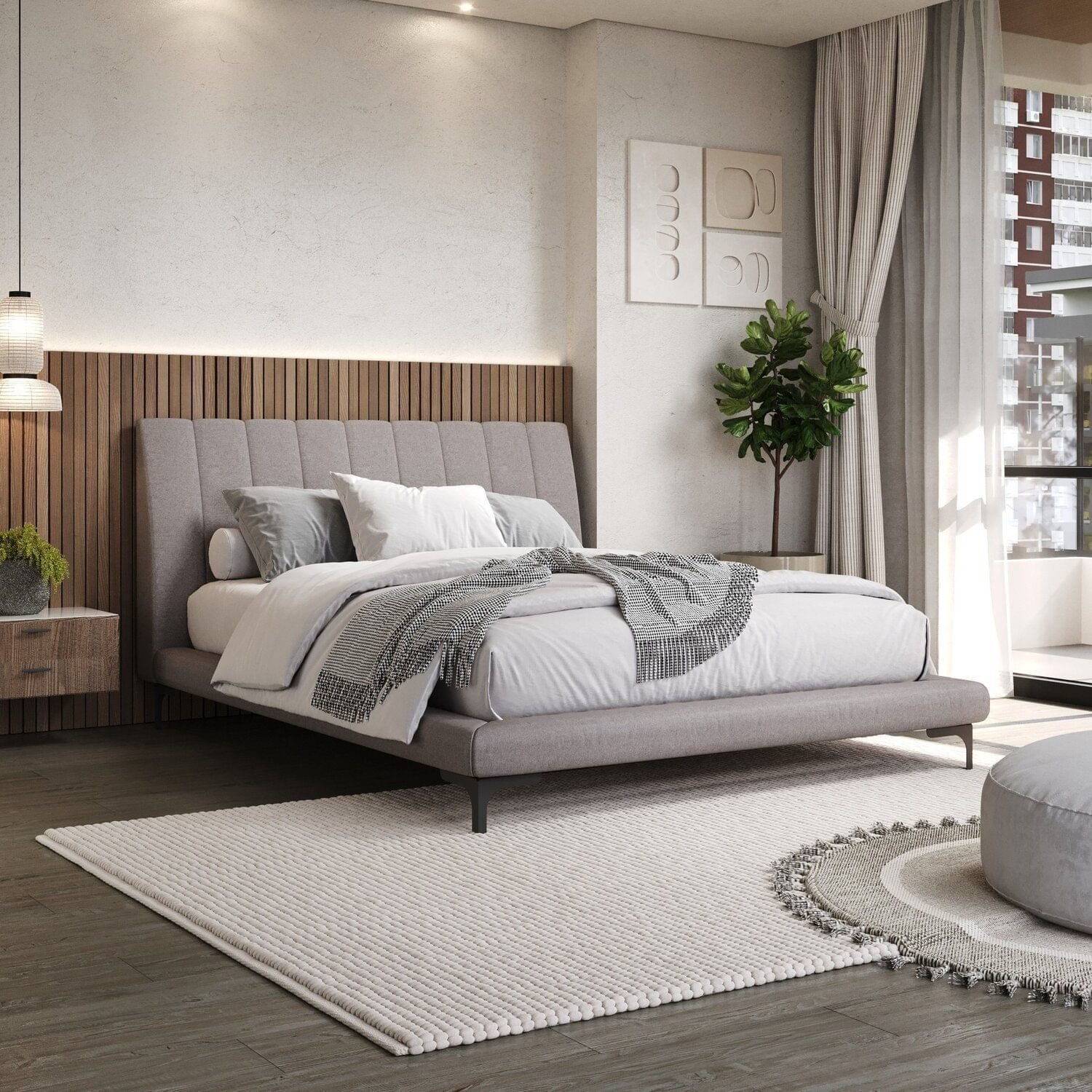 Cama Casal Com Cabeceira Estofada Moon Cinza