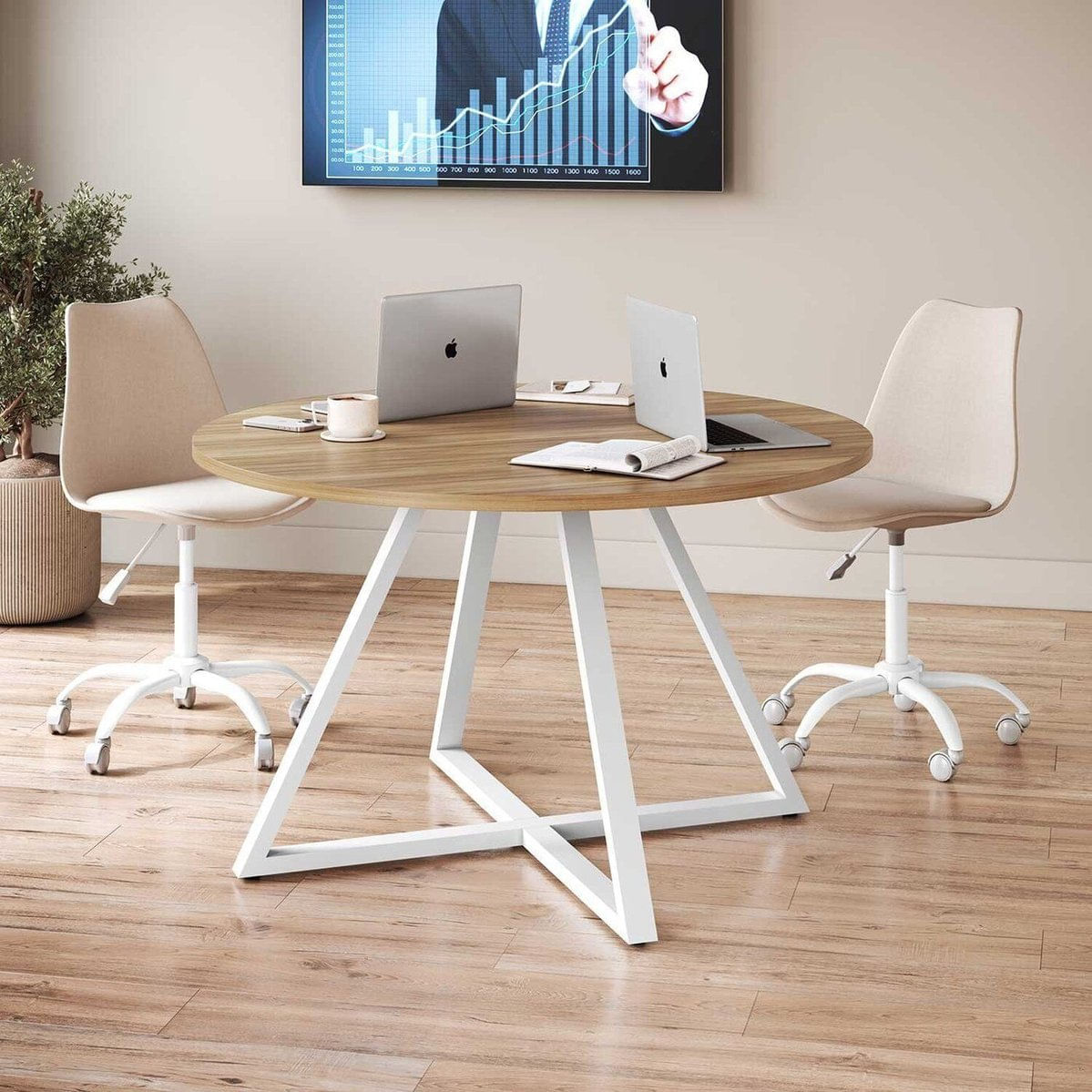 Mesa De Reunião Redonda 110cm X 110cm Para Escritório 4 Lugares Com Pés Em Aço Industrial Executive Nogal / Branco