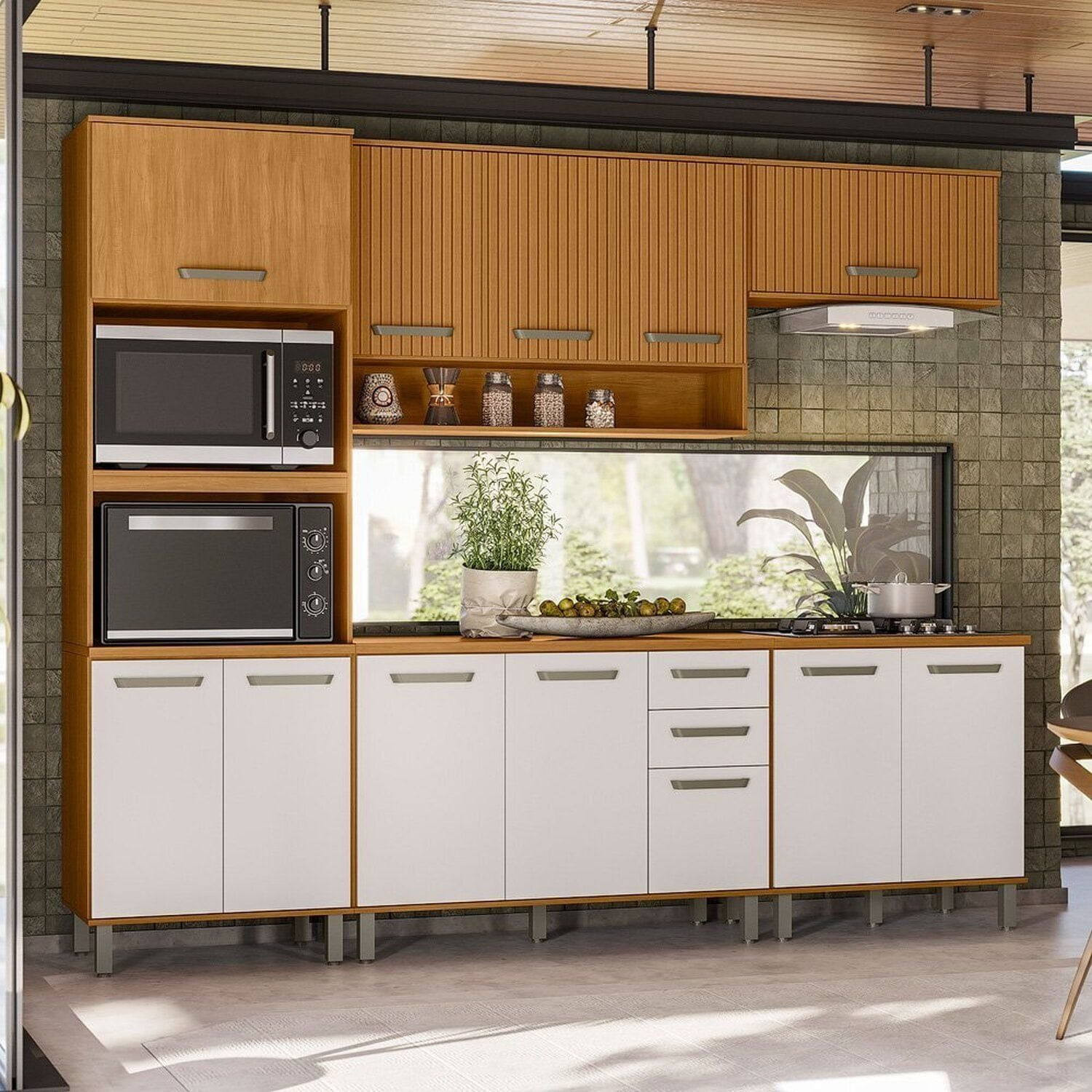 Cozinha Modulada Completa 5 Peças 12 Portas 2 Gavetas Com Torre Quente Criare Freijó Ripado/off White Acetinado