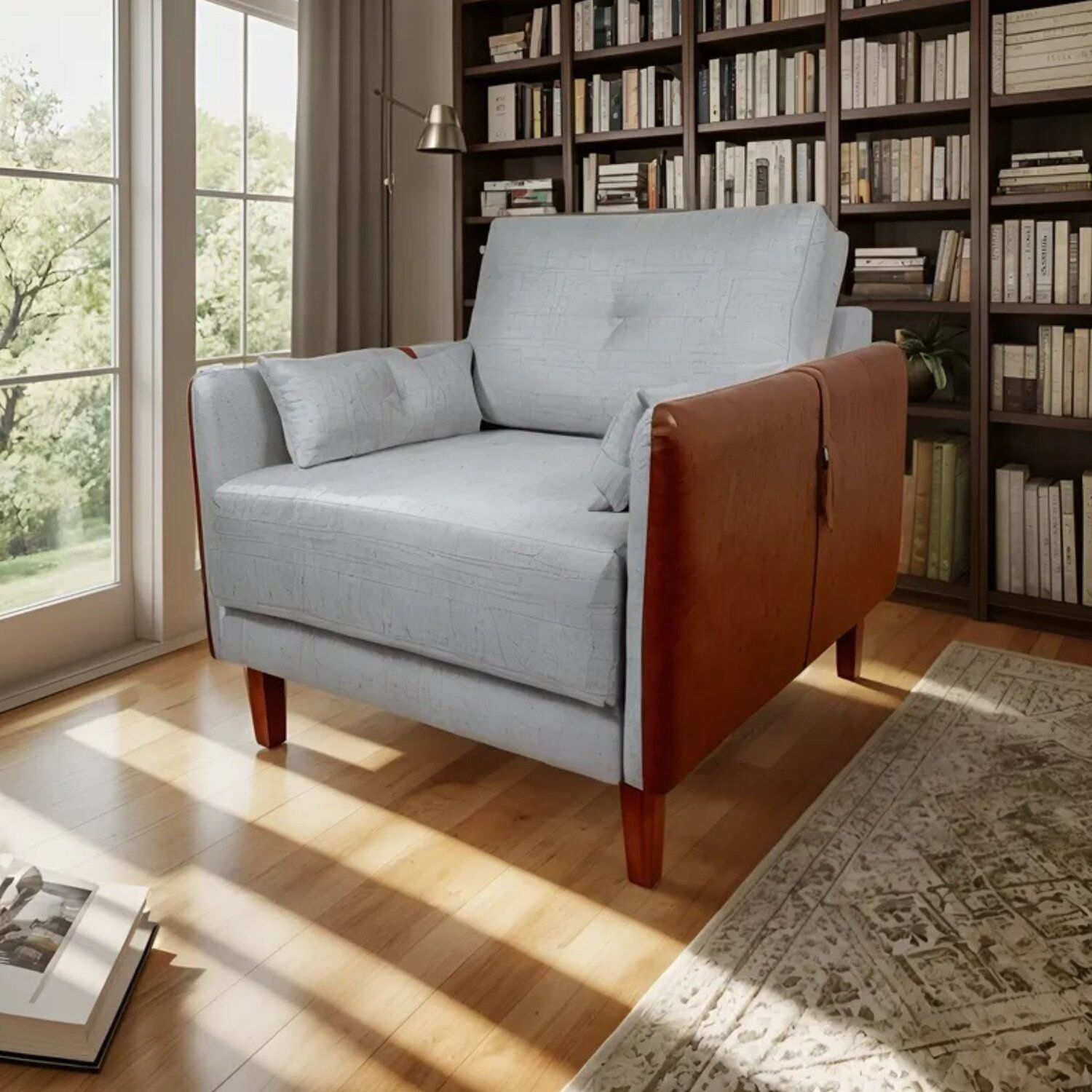 Poltrona Linho Premium Com Couro Base Madeira Maciça Inova Cinza