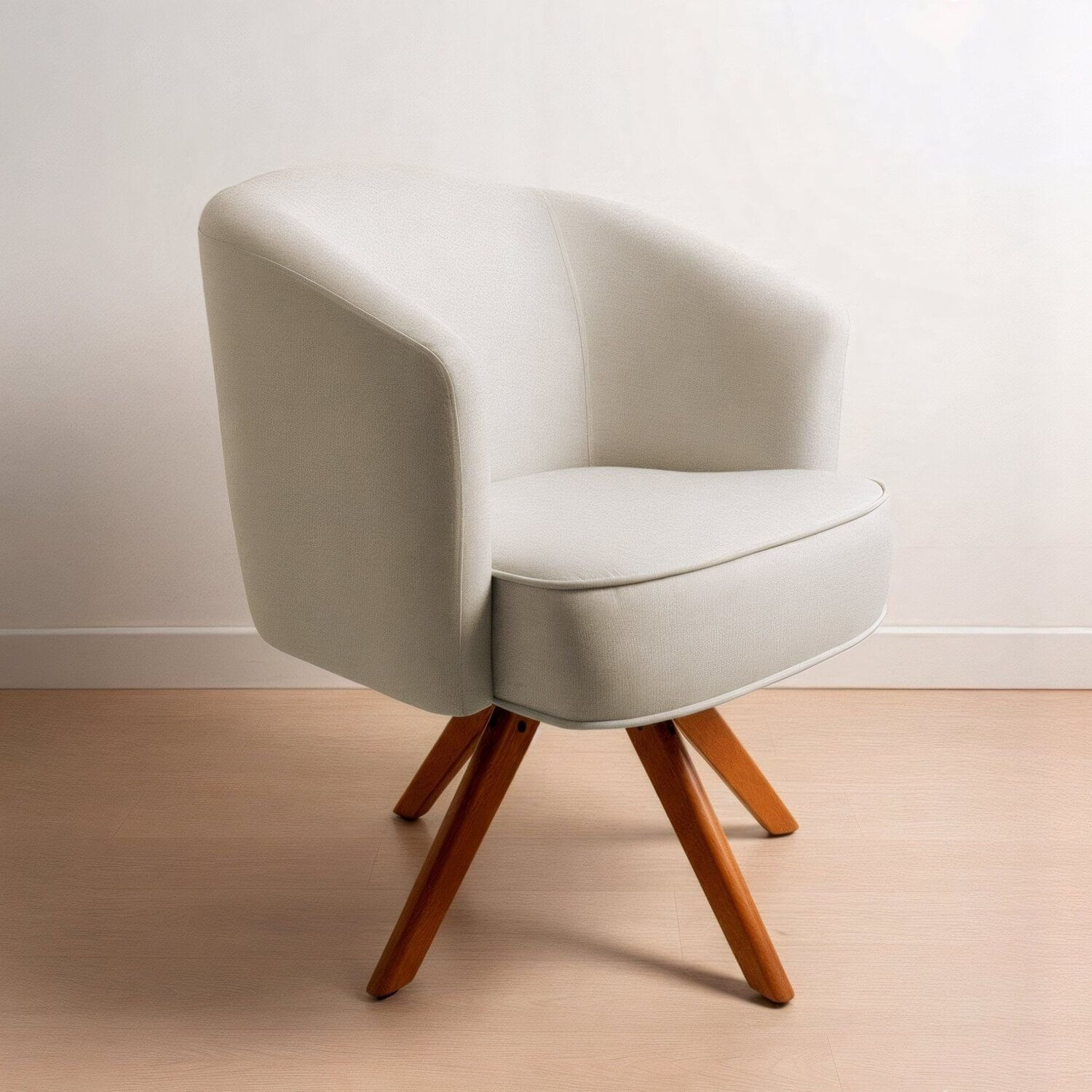 Poltrona Giratória Linho Premium Base Madeira Maciça Liz Bege/cinamomo