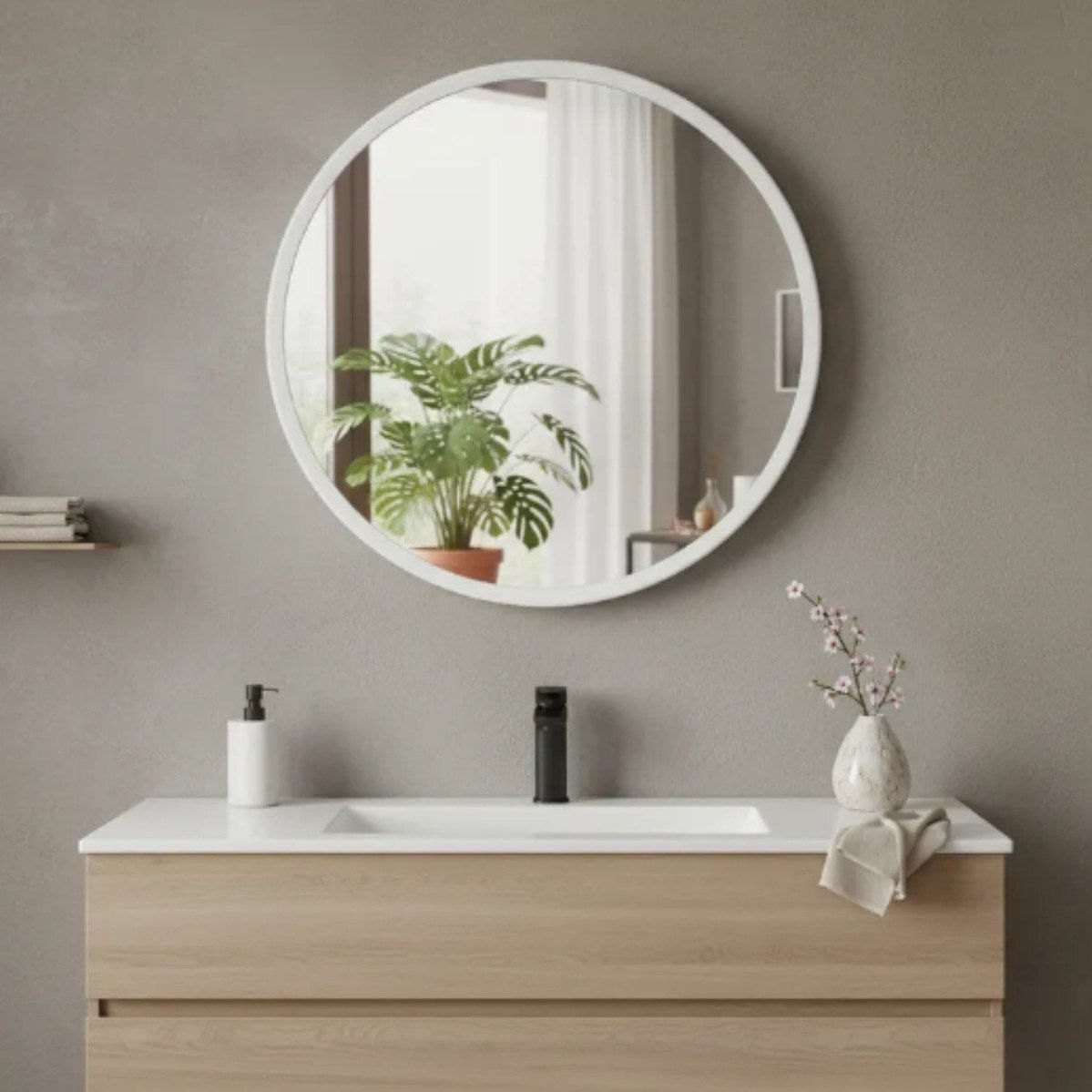 Espelho Redondo 40cm Moldura Alumínio Basic Reduna Branco