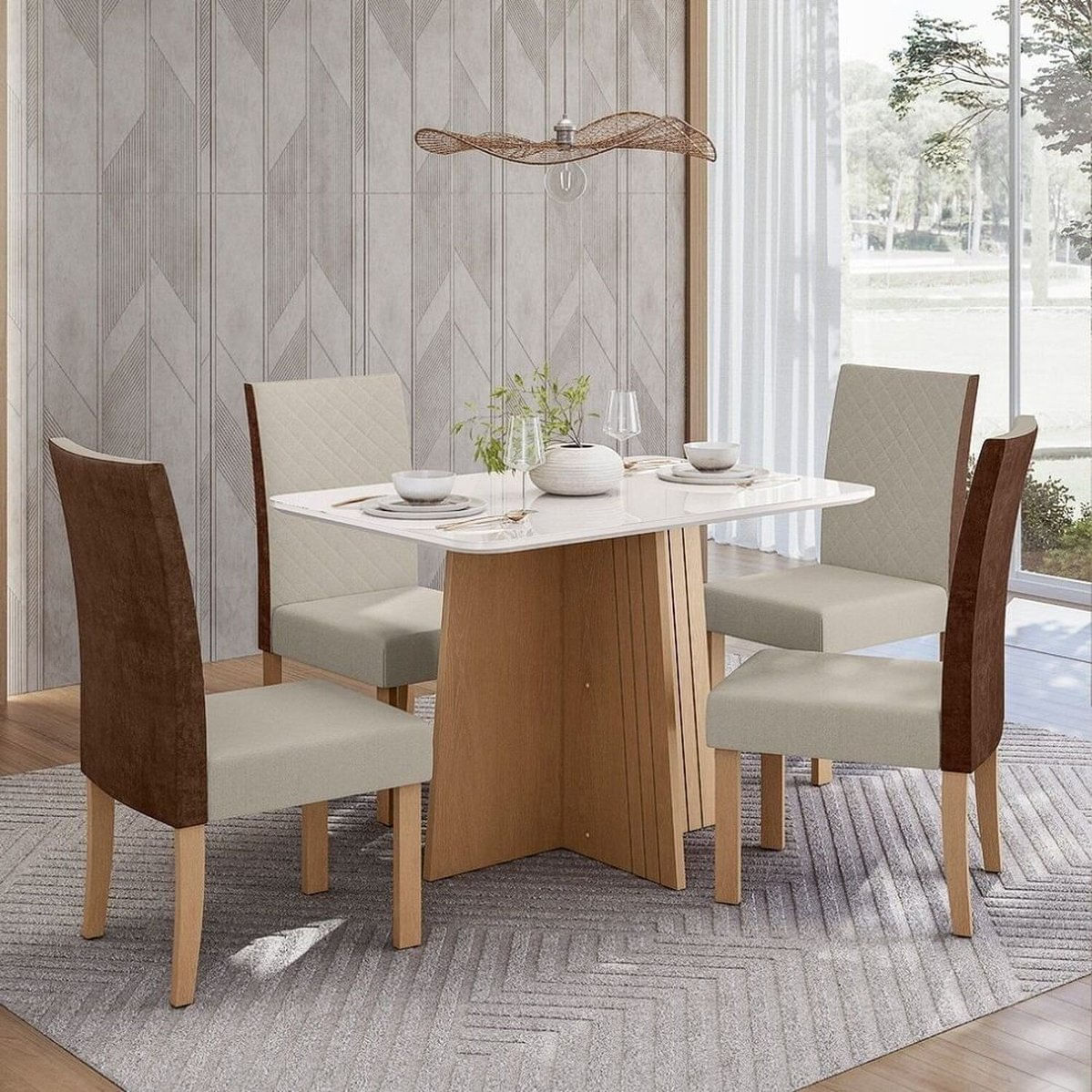 Sala De Jantar Mesa Isa 120cm Vidro Com 4 Cadeiras Linho Courino Helo Mel/caramelo/bege