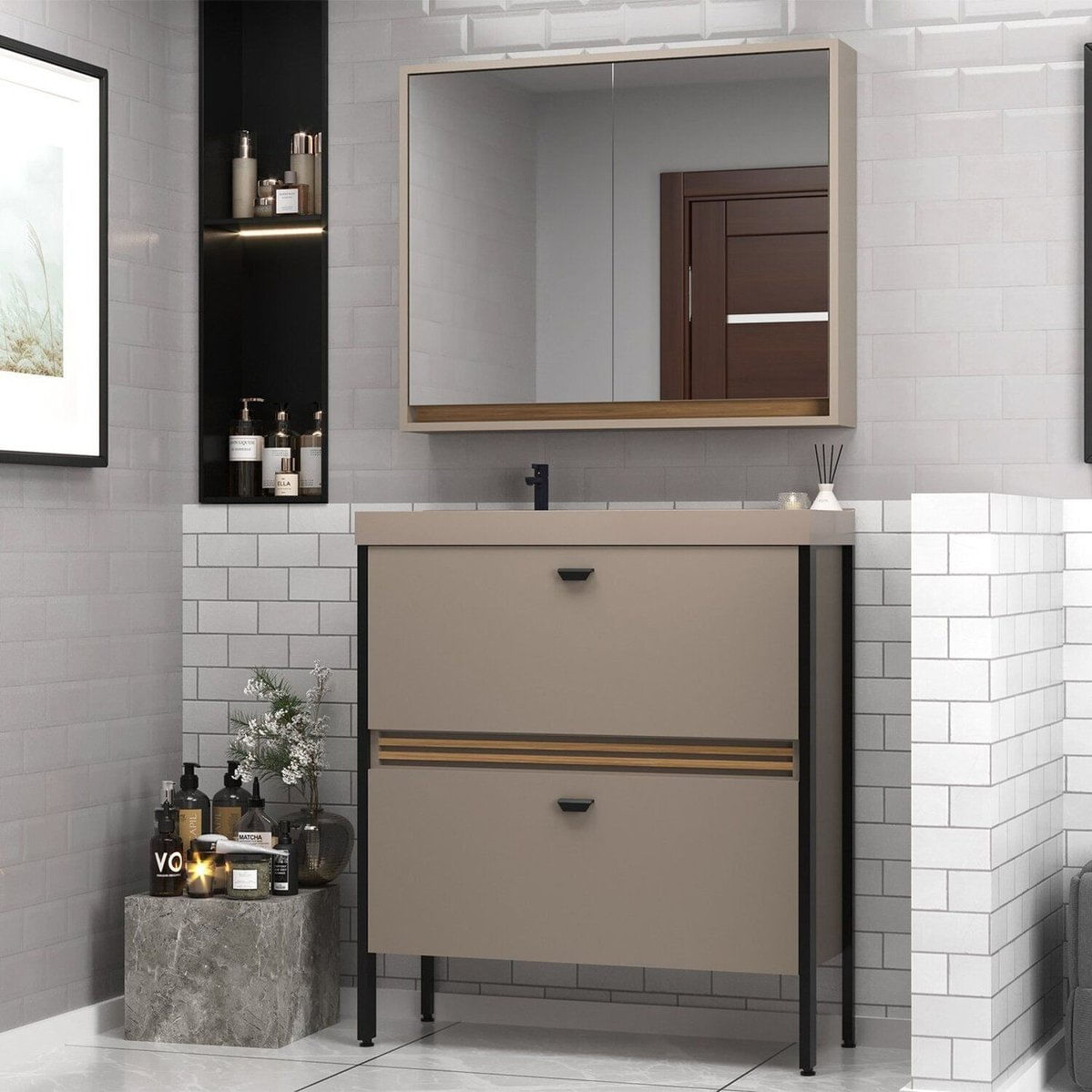 Gabinete De Banheiro Com Pia E Espelheira 80cm Ref 810 London Gianduia/itapuã