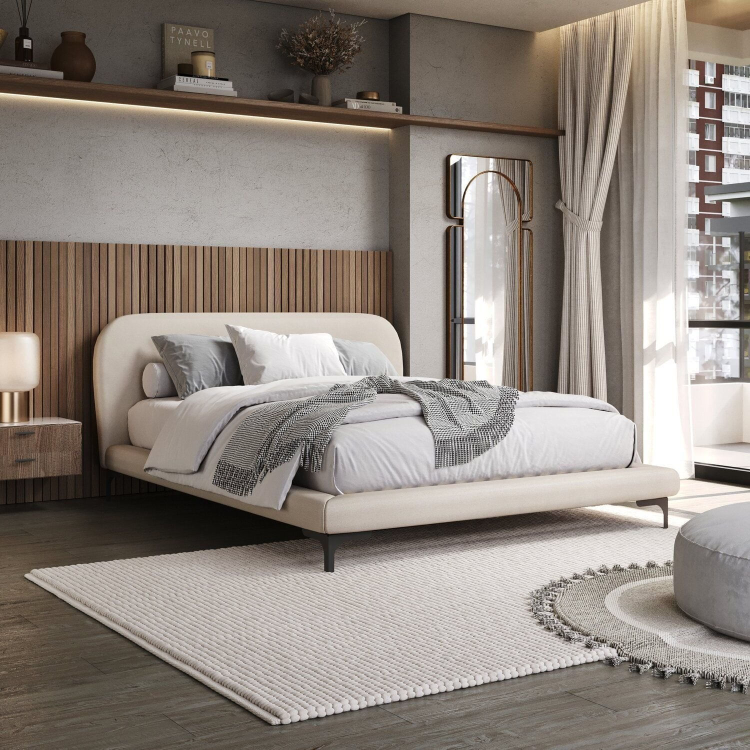 Cama Casal Com Cabeceira Estofada Linho Sun Bege