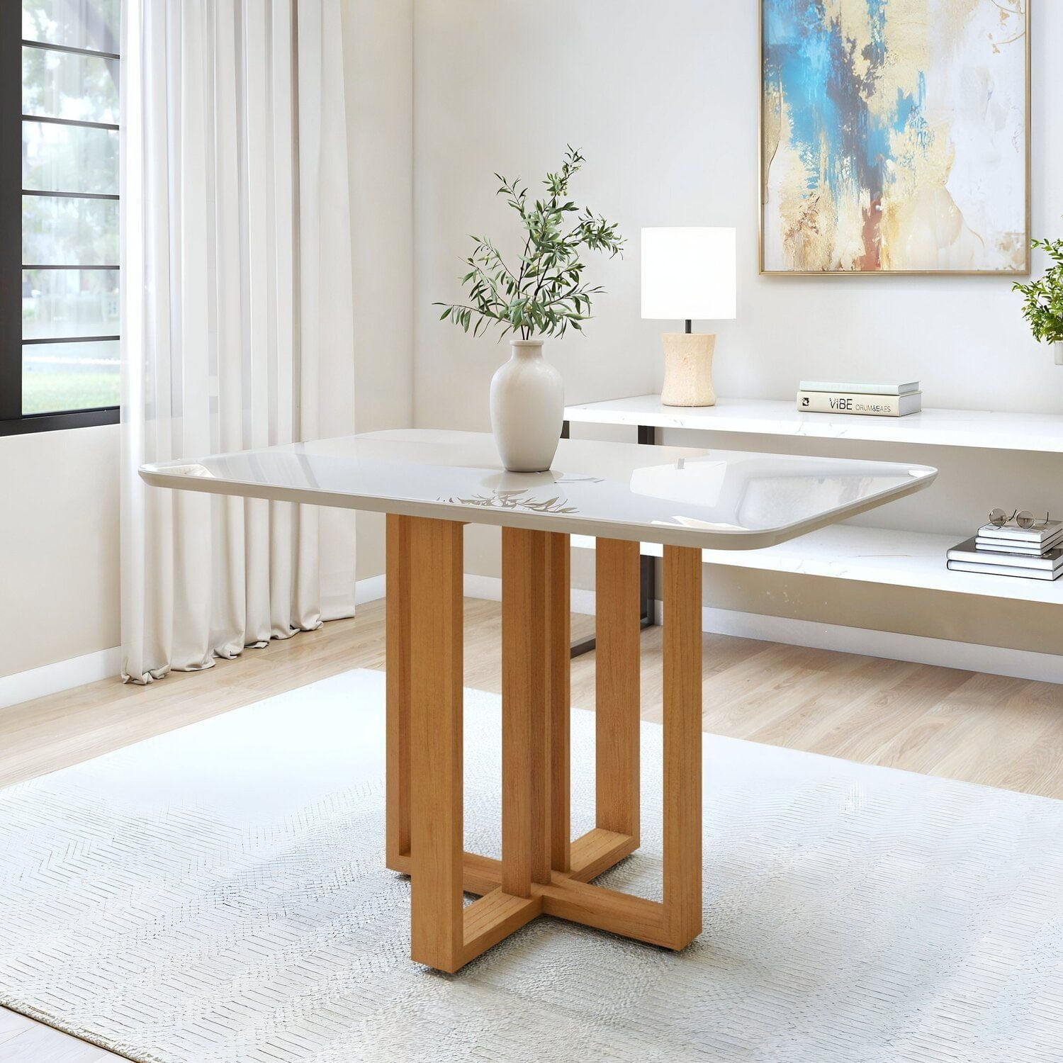 Mesa De Jantar 120cm Com Tampo Mdf E Vidro 2,9cm Bold Tessera Amêndoa Clean/off White