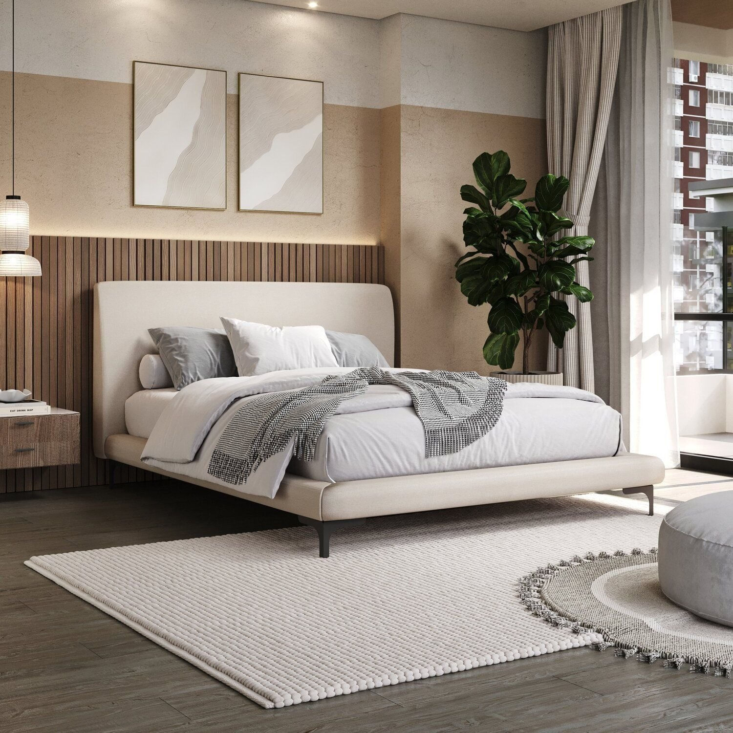 Cama Casal Com Cabeceira Estofada Linho Star Bege