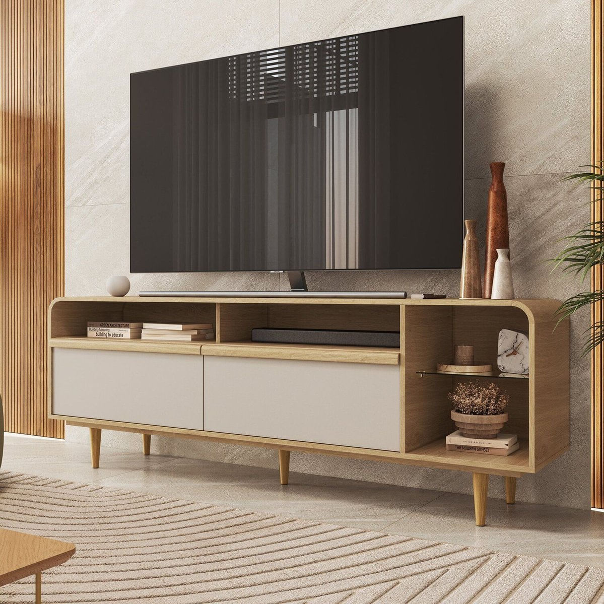 Rack Para Tv 80 Polegadas 100% Mdf Pés Em Madeira Maciça Orgânico Carvalho/panna