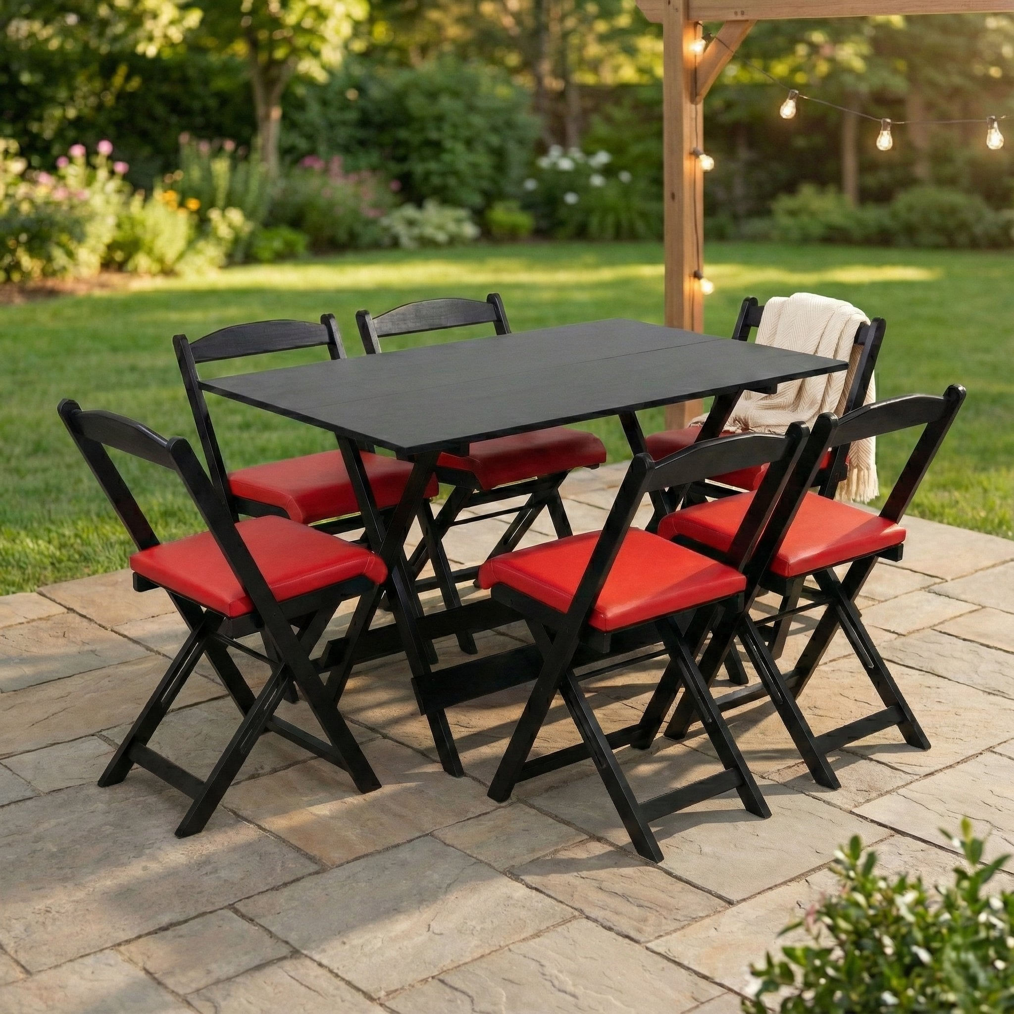 Conjunto Mesa Dobrável Área Externa 120x70cm Com 6 Cadeiras Estofadas Madeira Preto/laranja Preto/vermelho