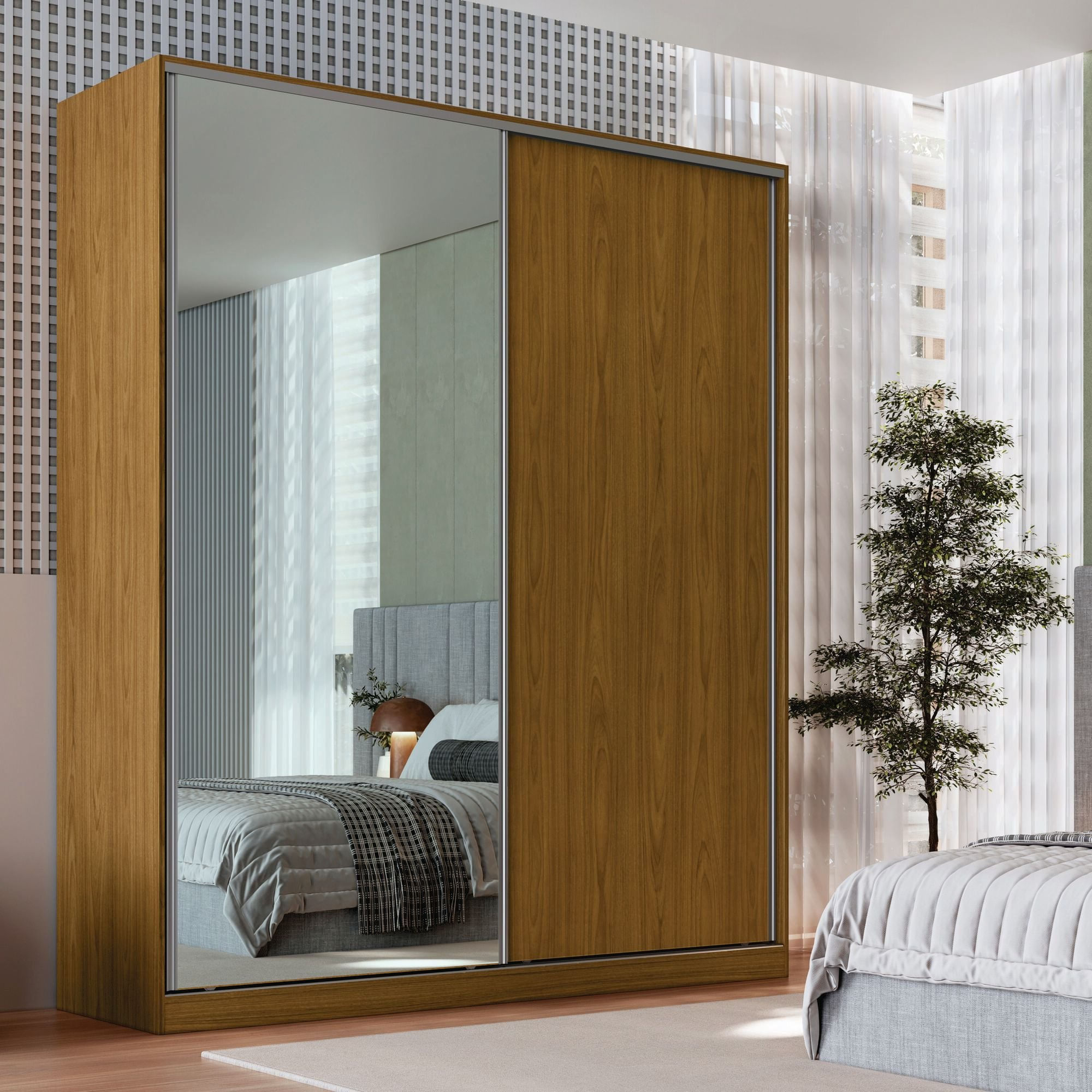 Guarda-roupa Solteiro Com Espelho 2 Portas De Correr Rc2006 Freijó /natura