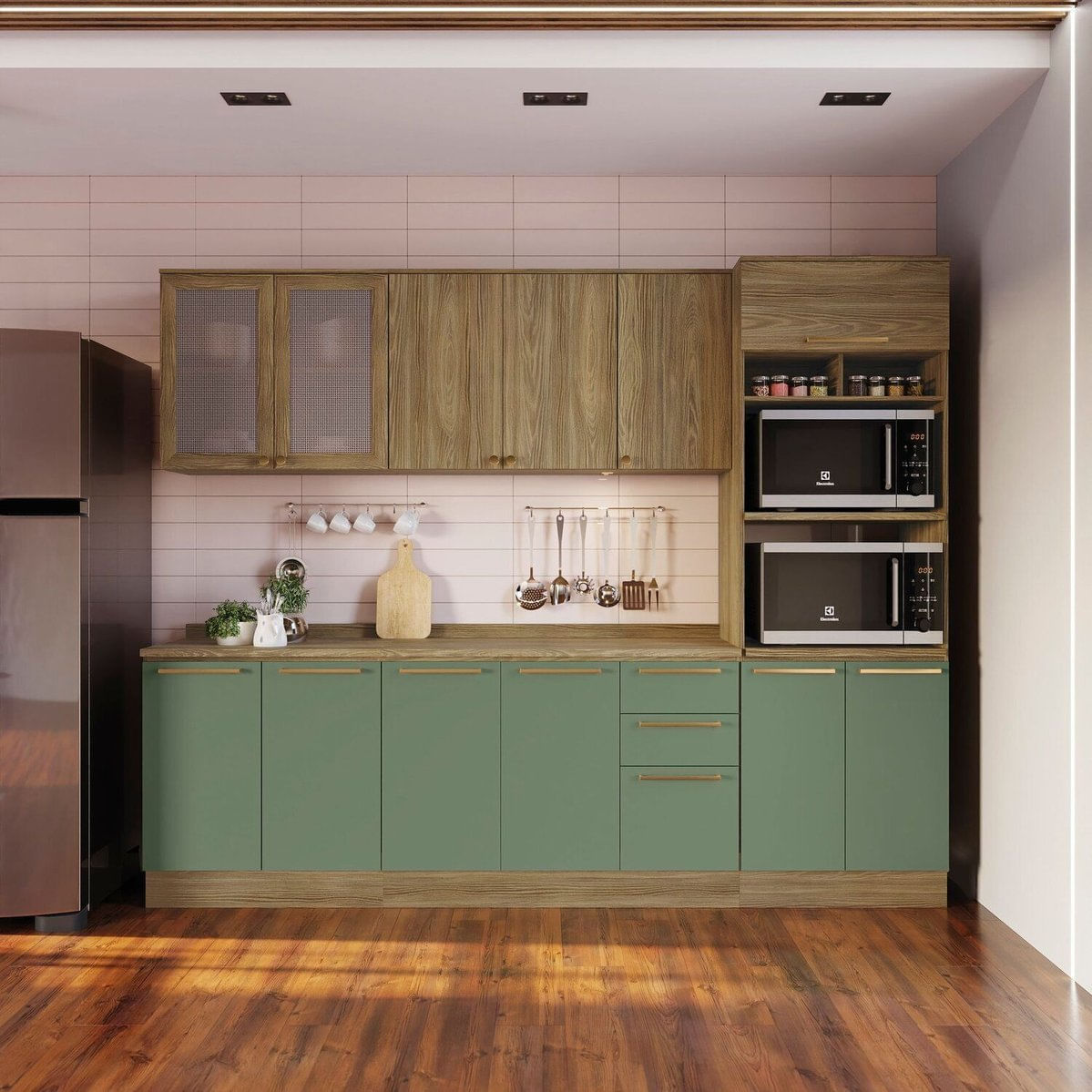 Cozinha Compacta 5 Peças Com Tampo E Torre Quente Botanic Nogueira/verde Oliva