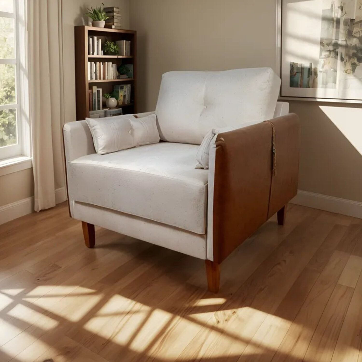 Poltrona Linho Premium Com Couro Base Madeira Maciça Inova Bege