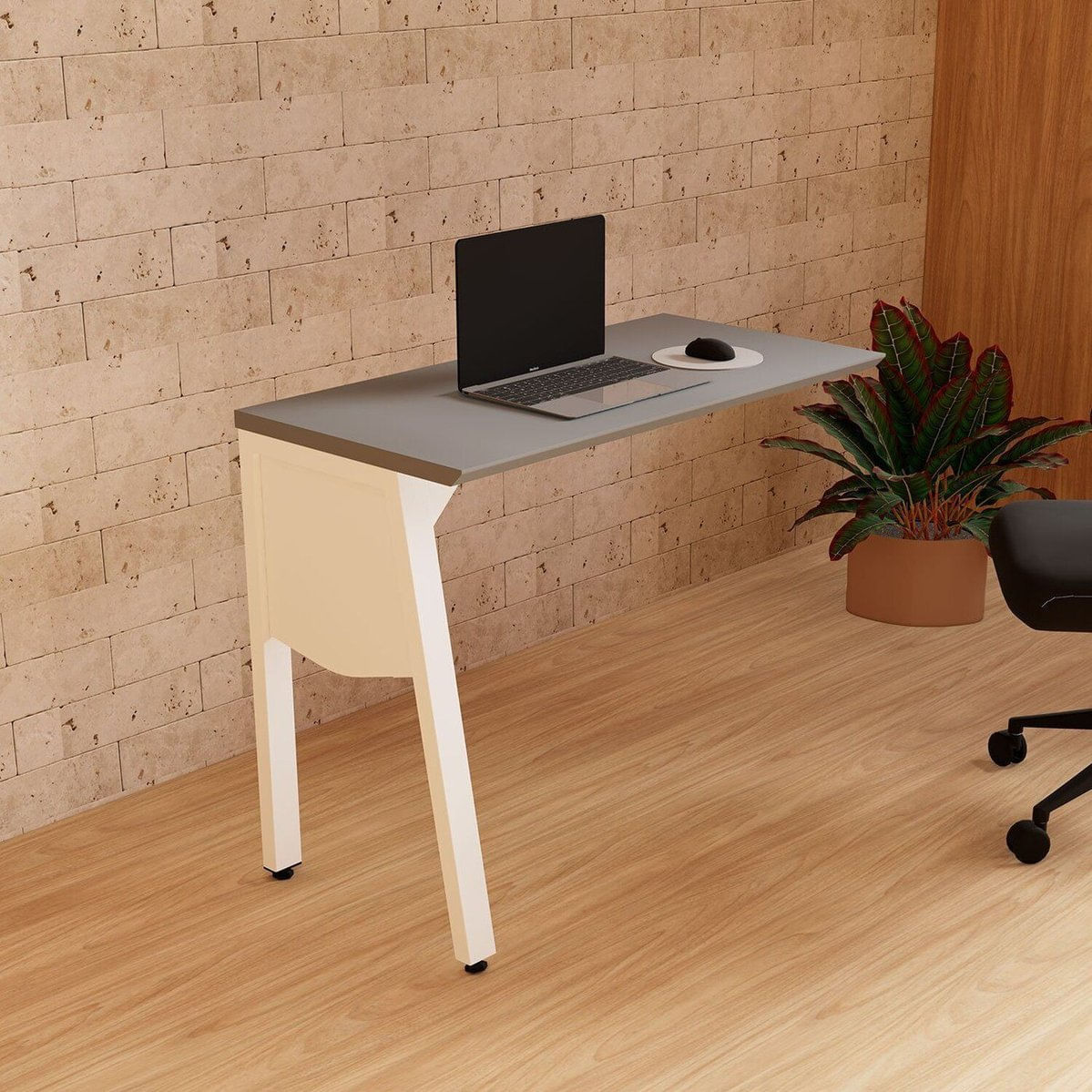 Mesa Auxiliar 90cm De Acoplar Com Tampo Chanfrado Pés Cavalete Para Escritório Industrial Executive Cinza Sagrado / Branco