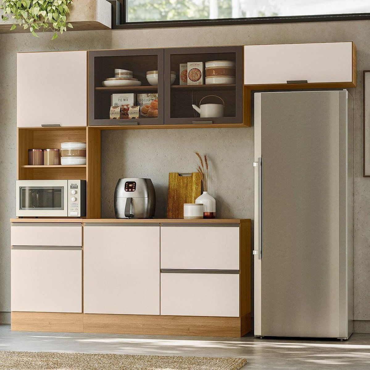 Cozinha Modulada Completa 4 Peças 6 Portas 4 Gavetas Com Paneleiro Duplo Etna Marrom Claro / Off White