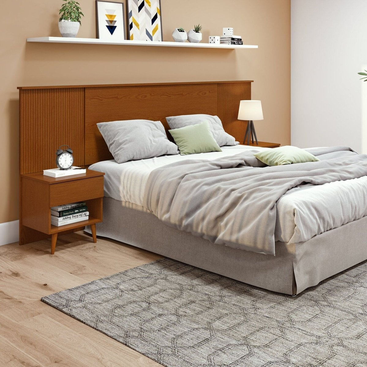 Cabeceira Regulável Painel Ripado Pés Palito Em Madeira Like Frassino