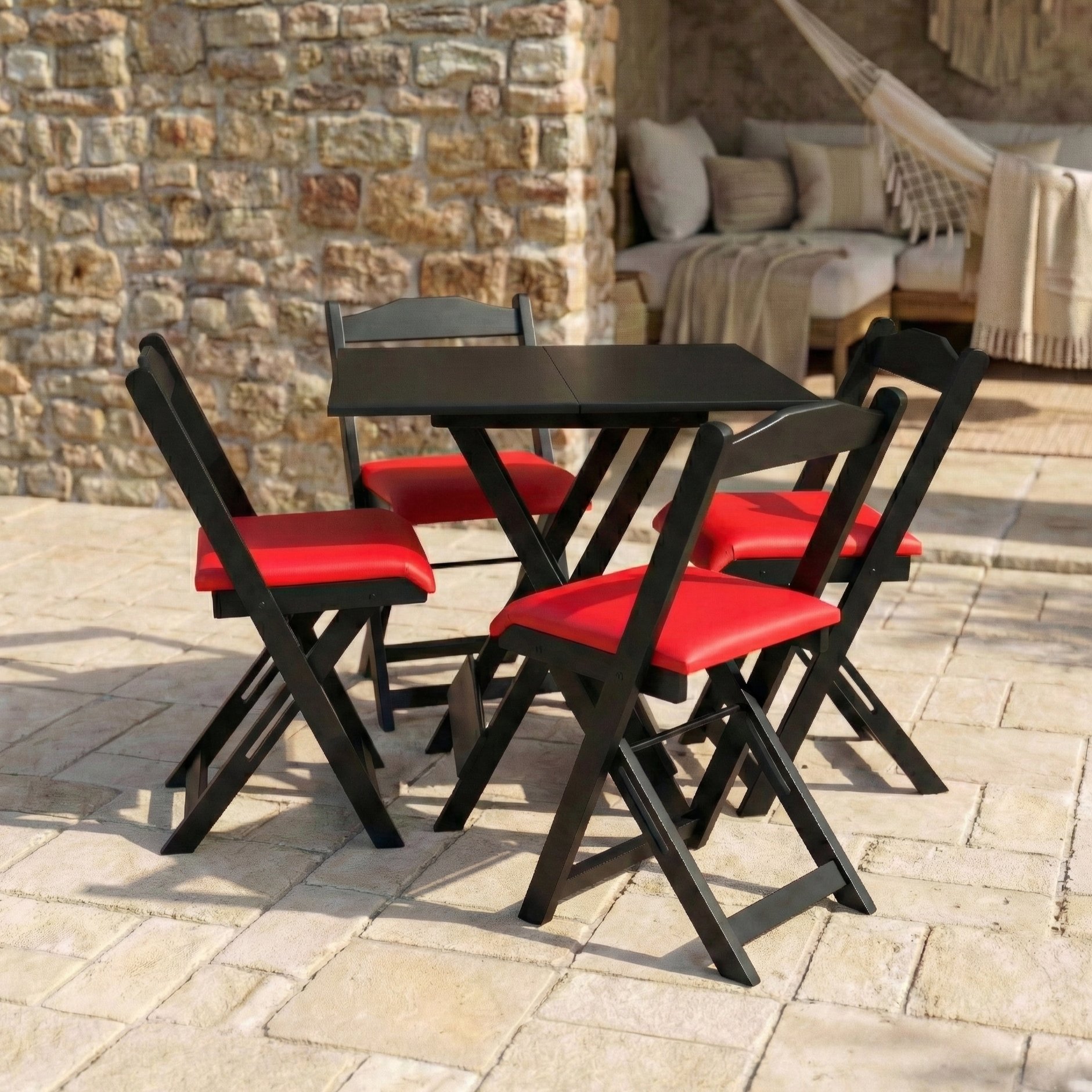 Conjunto Mesa Dobrável Área Externa 70x70cm Com 4 Cadeiras Estofadas Madeira Preto/vermelho Preto/vermelho