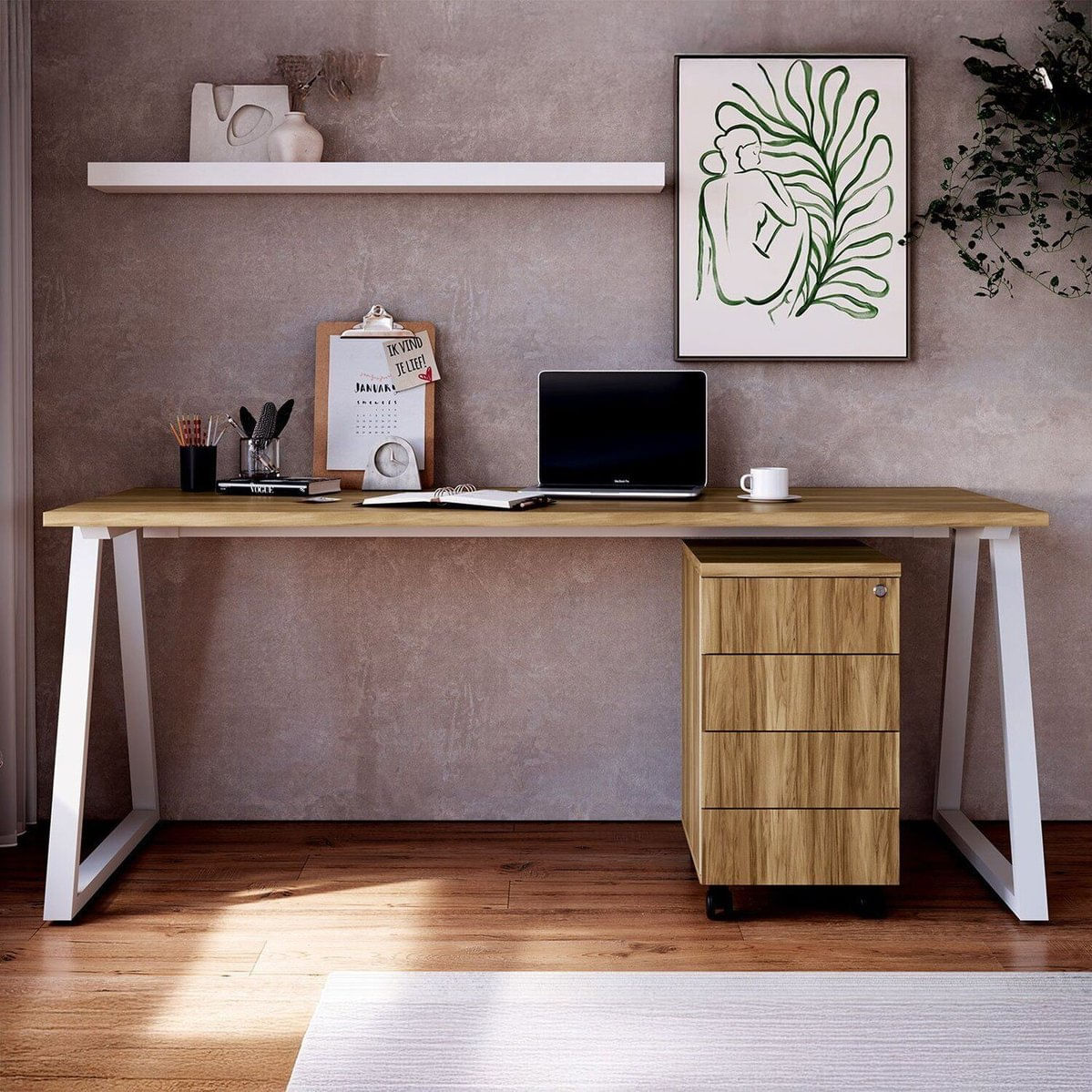 Mesa Escrivaninha 160cm E Gaveteiro Com 4 Gavetas E Rodízios Industrial Executive Nogal /branco