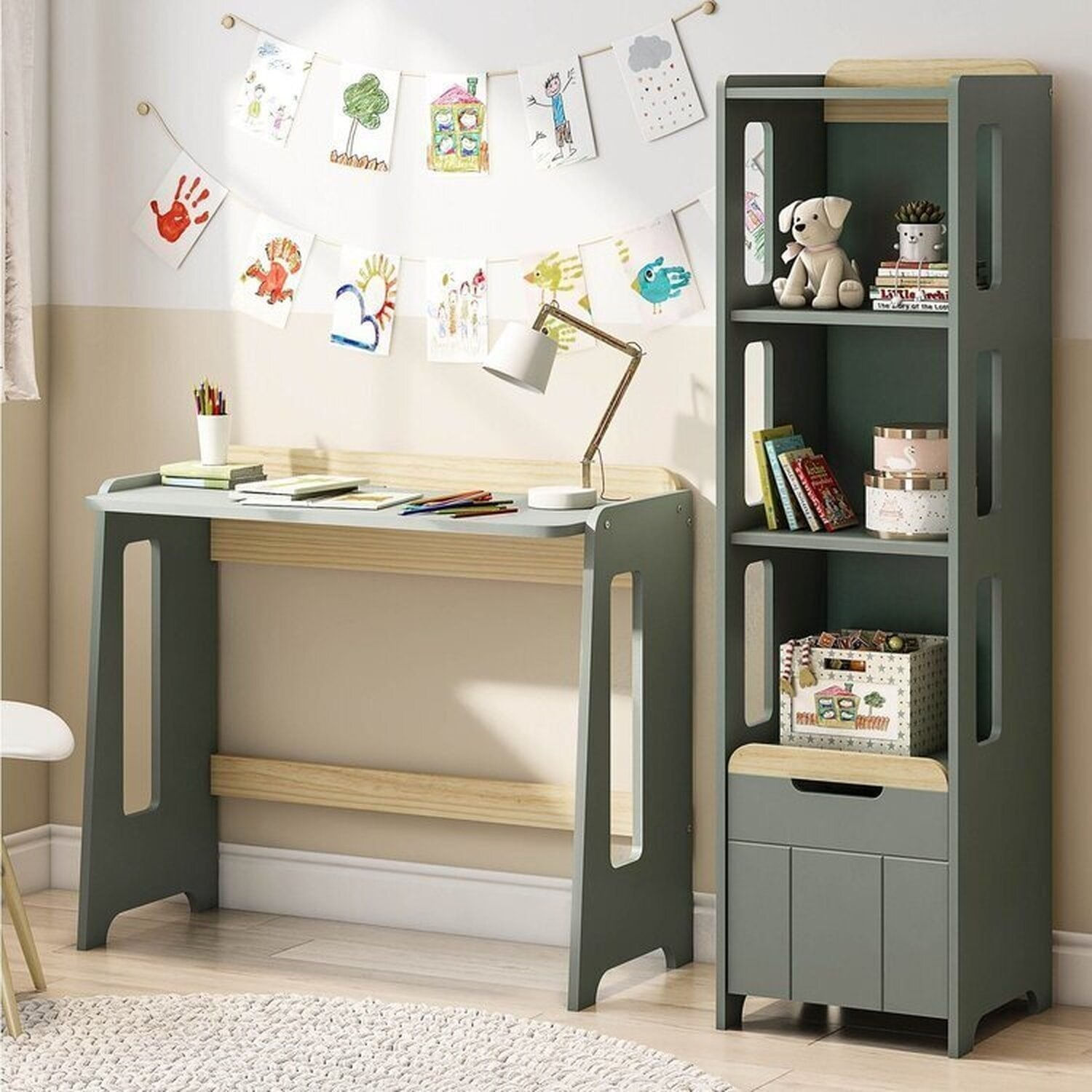 Escrivaninha E Estante 3 Nichos Com Porta Petit Casatema Madeiraoriginals Verde/mel