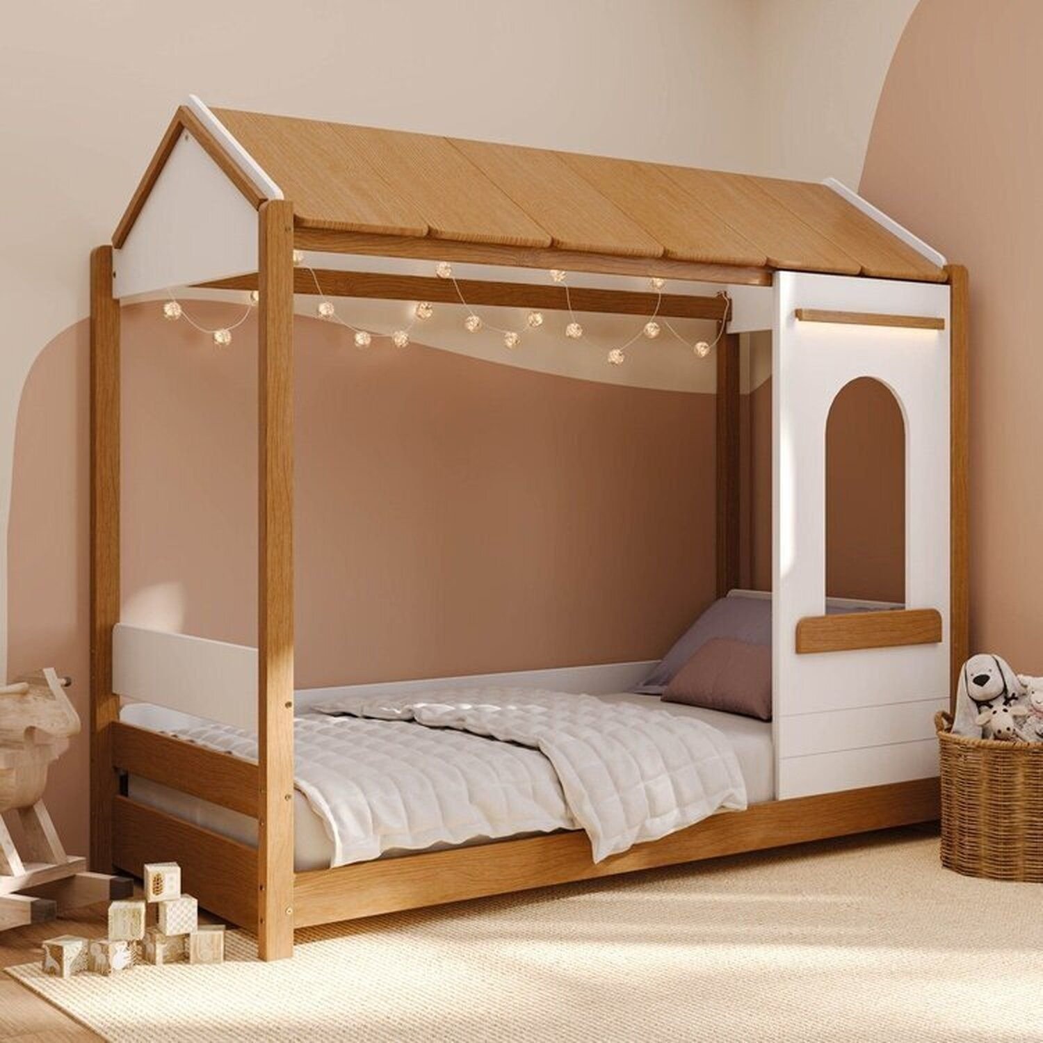 Cama Casinha Montessoriano Reversível Com Janela De Led Aria Casatema Madeiraoriginals Nogueira/branco