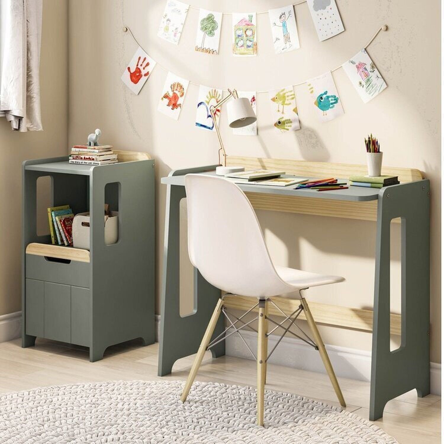 Escrivaninha E Estante Nicho Com Portal Petit Casatema Madeiraoriginals Verde/mel