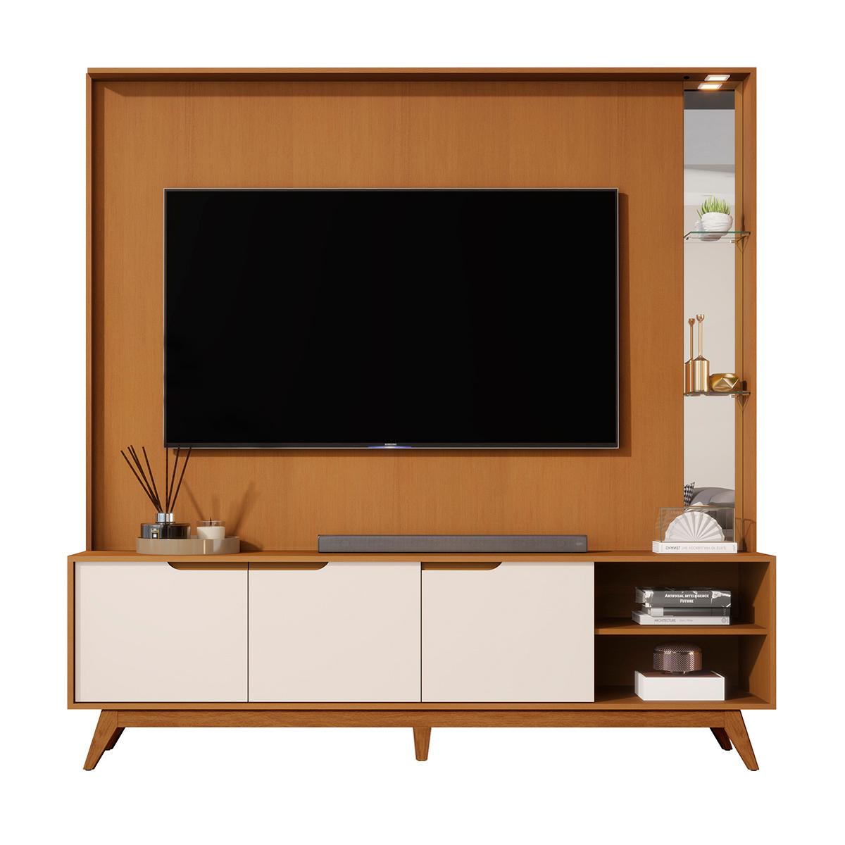 Home Tucumã 1.8 Tv Até 75 Pol. Pés De Madeira Maciça E Led Nature/off White