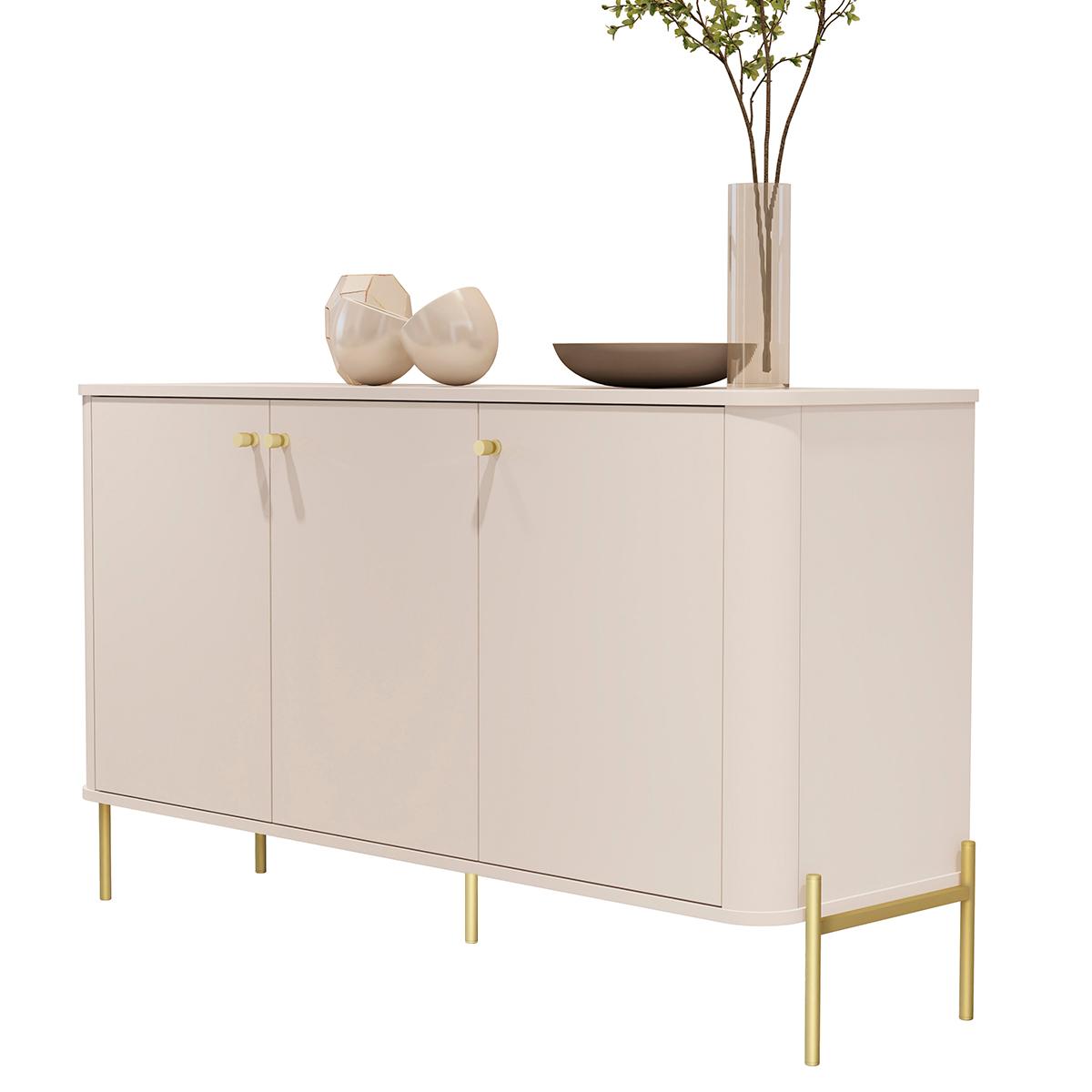 Aparador Buffet Tucupí Sala Com 3 Portas E Pés De Metal Off White/dourado