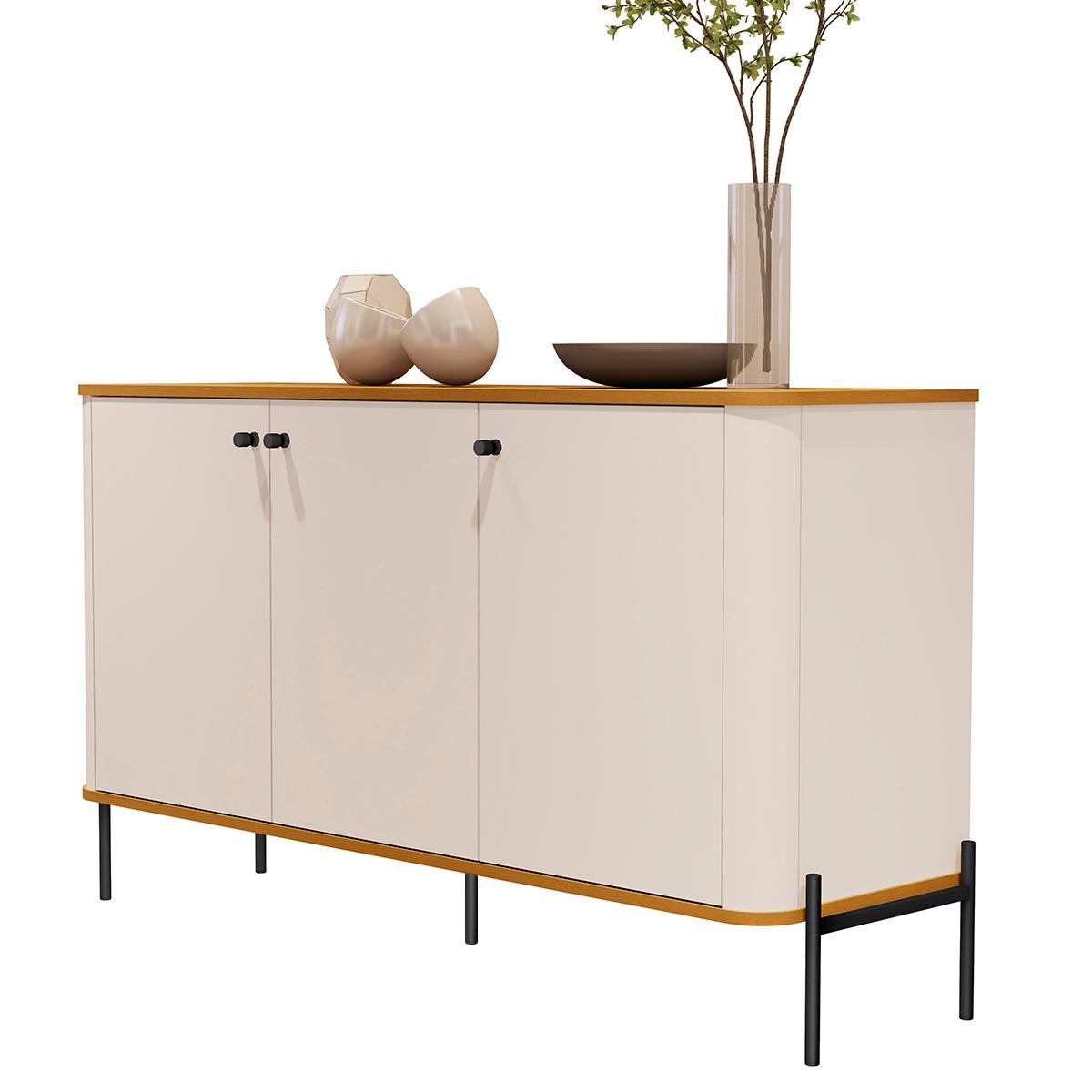 Aparador Buffet Tucupí Sala Com 3 Portas E Pés De Metal Off White/nature/preto