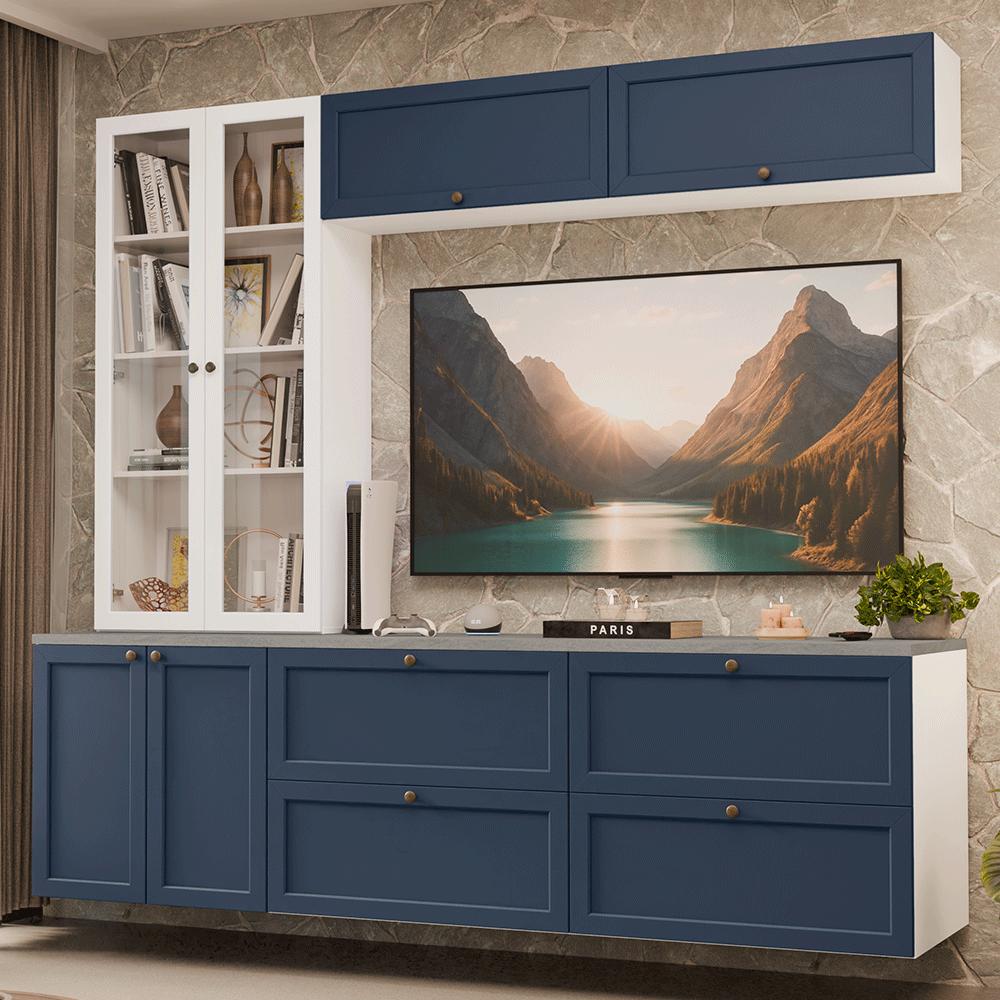 Estante Sala De Estar Com Rack + Cristaleira 230cm Branco/azul/branco Vik Madesa 01