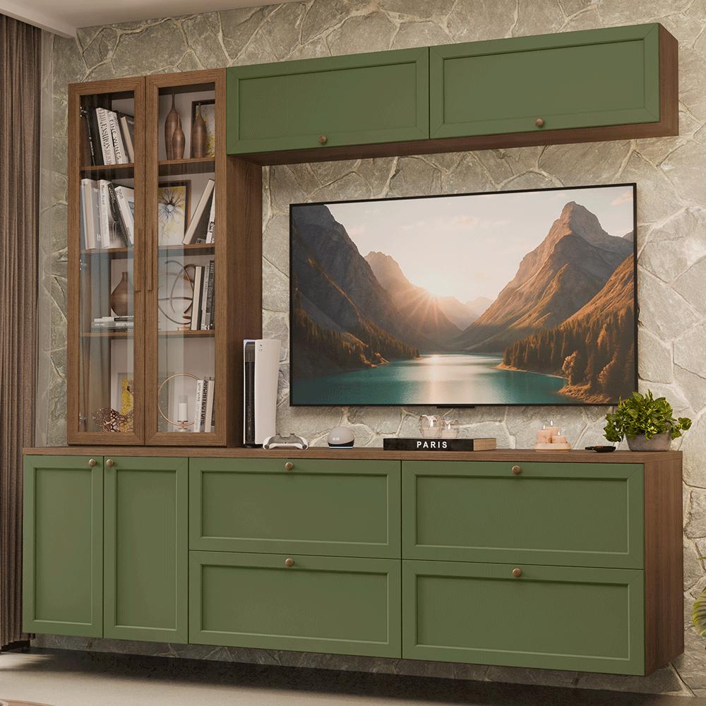 Estante Sala De Estar Com Rack + Cristaleira 230cm Rustic/verde/rustic Vik Madesa 02