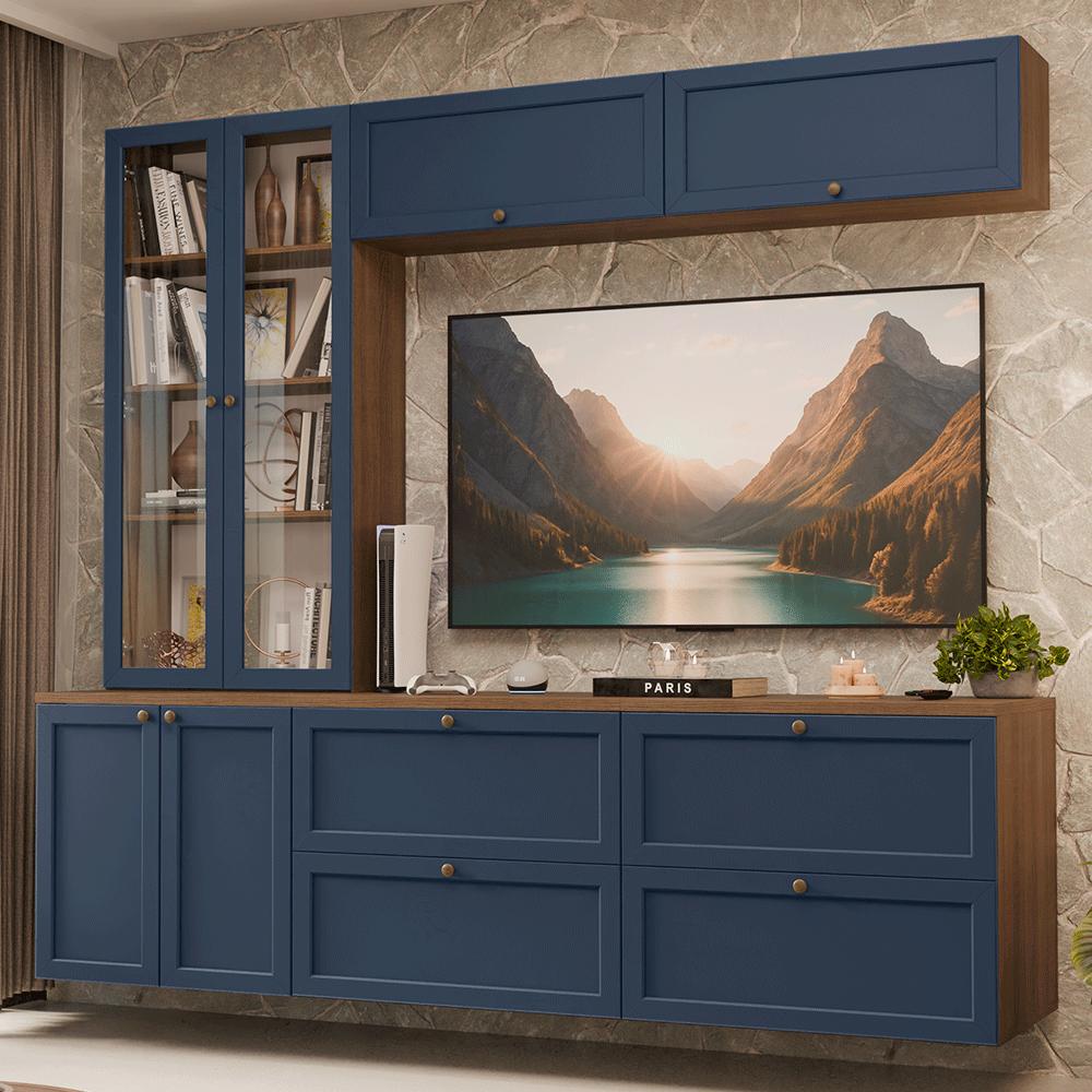Estante Sala De Estar Com Rack + Cristaleira 230cm Rustic/azul Vik Madesa 01