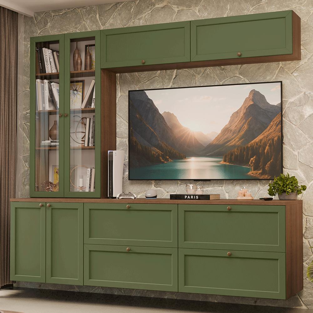 Estante Sala De Estar Com Rack + Cristaleira 230cm Rustic/verde Vik Madesa 01