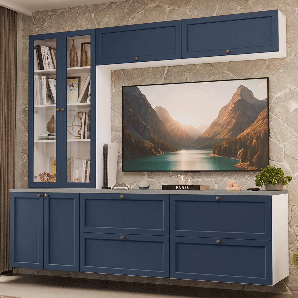 Estante Sala De Estar Com Rack + Cristaleira 230cm Branco/azul Vik Madesa 01