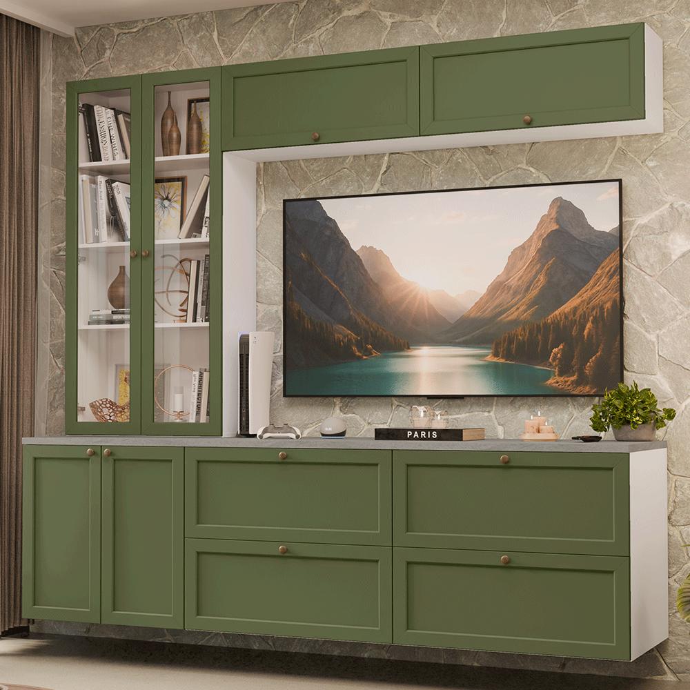 Estante Sala De Estar Com Rack + Cristaleira 230cm Branco/verde Vik Madesa 01