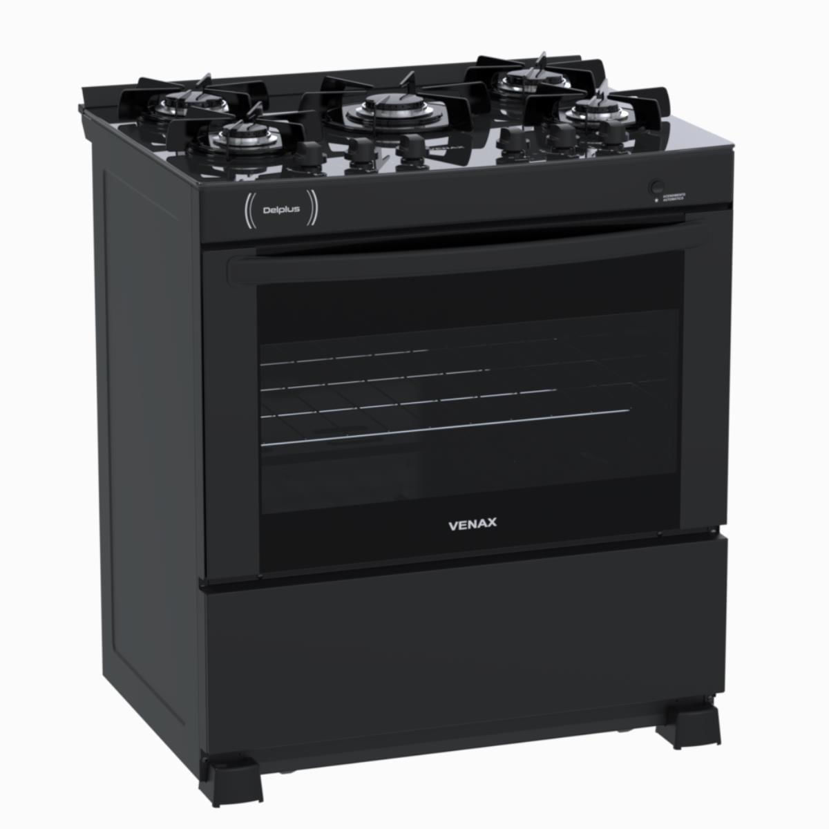 Fogão 5 Bocas Venax Delplus Vitreo Bl Preto Mesa em Vidro - Bivolt