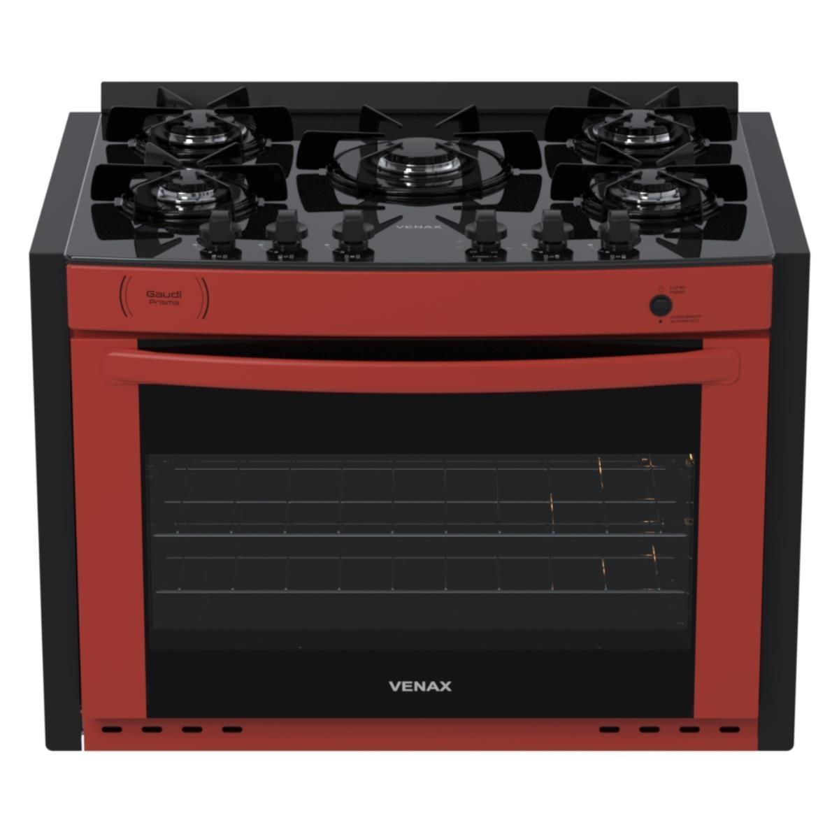 Fogão 5 Bocas de Embutir Venax Gaudi Prisma Vitreo Bl Vermelho Mesa em Vidro - Bivolt