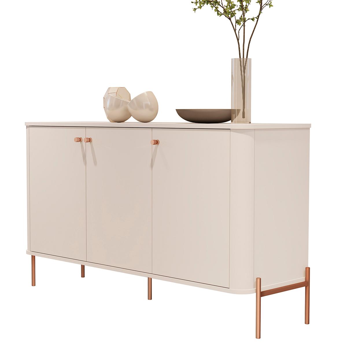 Aparador Buffet Tucupí Sala Com 3 Portas E Pés De Metal Off White/bronze