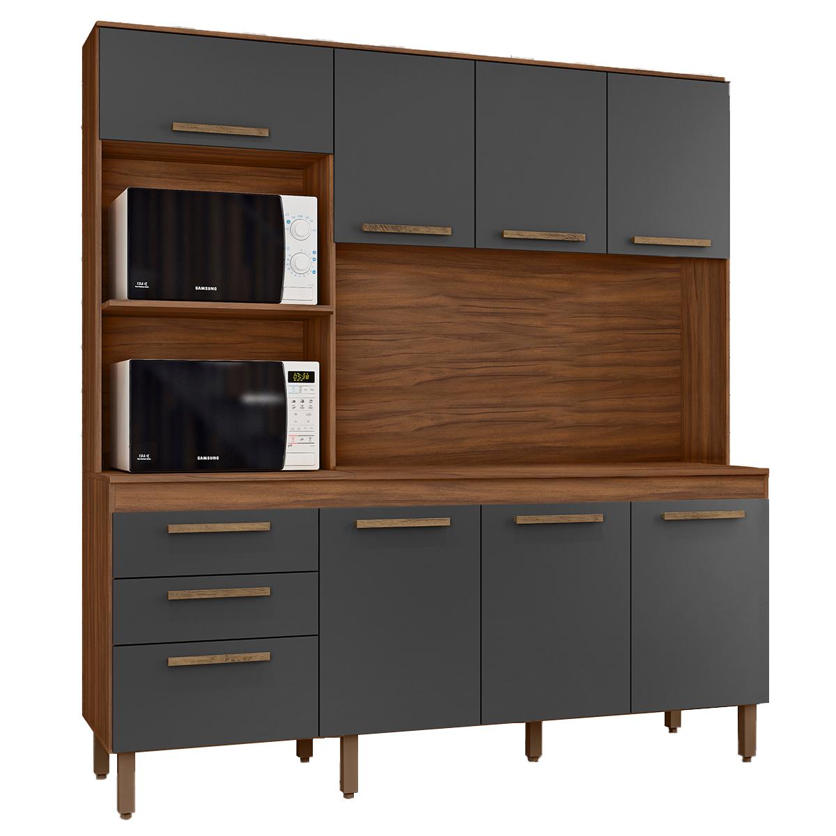 Armario De Cozinha New Jully 184 Cm Com 8 Portas E 2 Gavetas Freijo/cinza