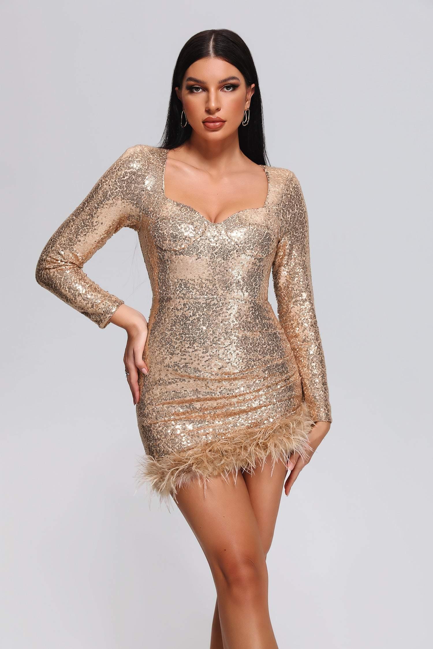 Vestido Bellabarnetten Farrah Feather Sequin Mini Gold