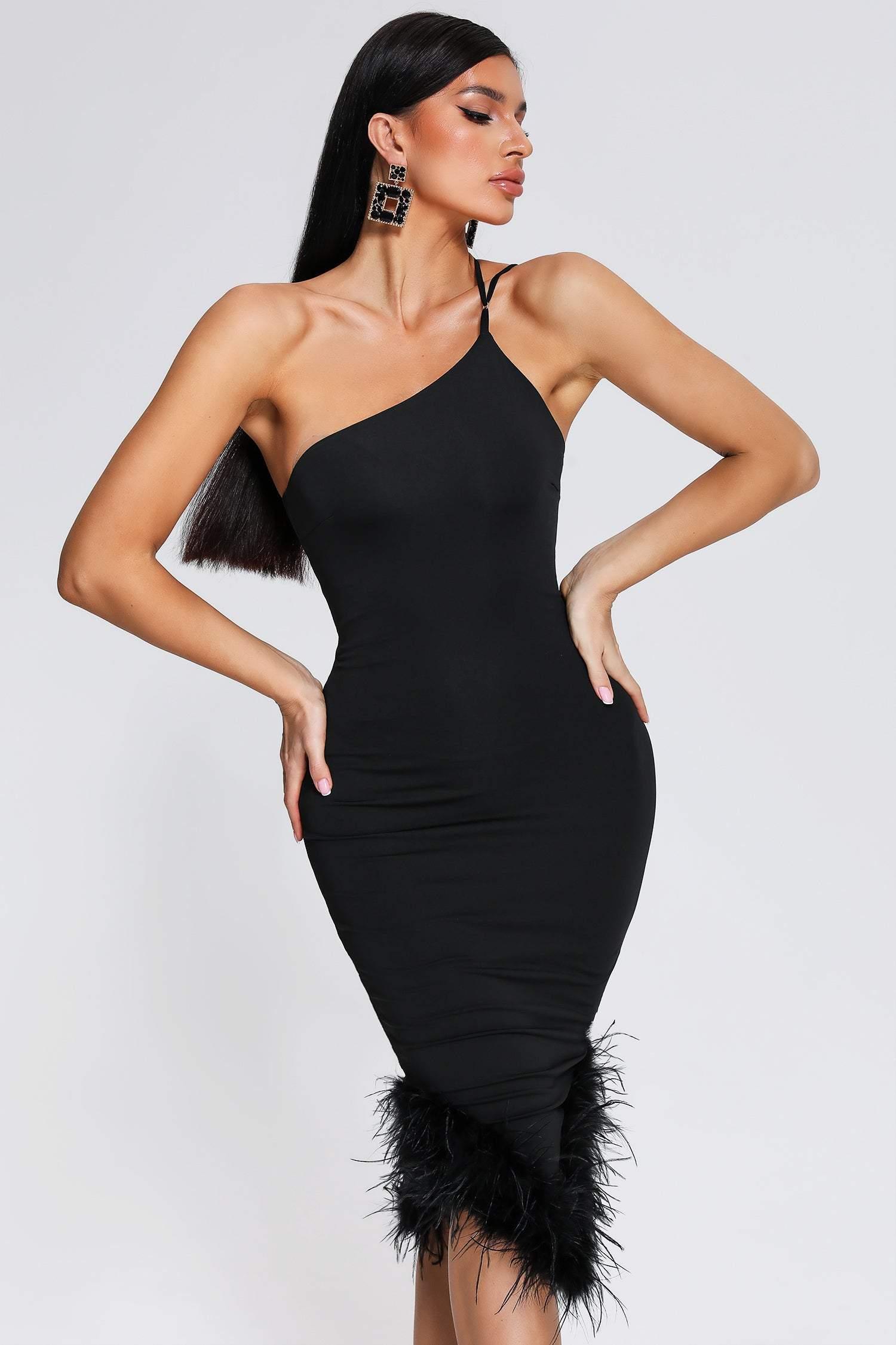 Dress Rate Feather One Shoulder Midi - Preto