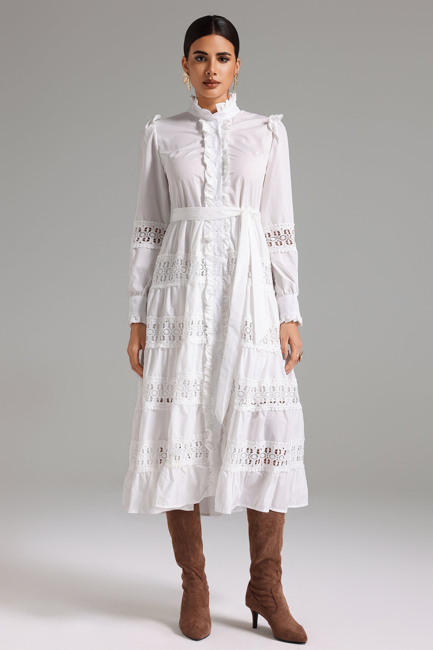 Vestido Villy Ruffle Lace Shirt Midi Para Mulheres - Bellabarnetten