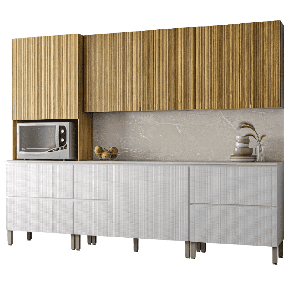 Armário De Cozinha Completa Com Balcão Art Kits Paraná 11 Portas 4 Gavetas Madeirado / Branco